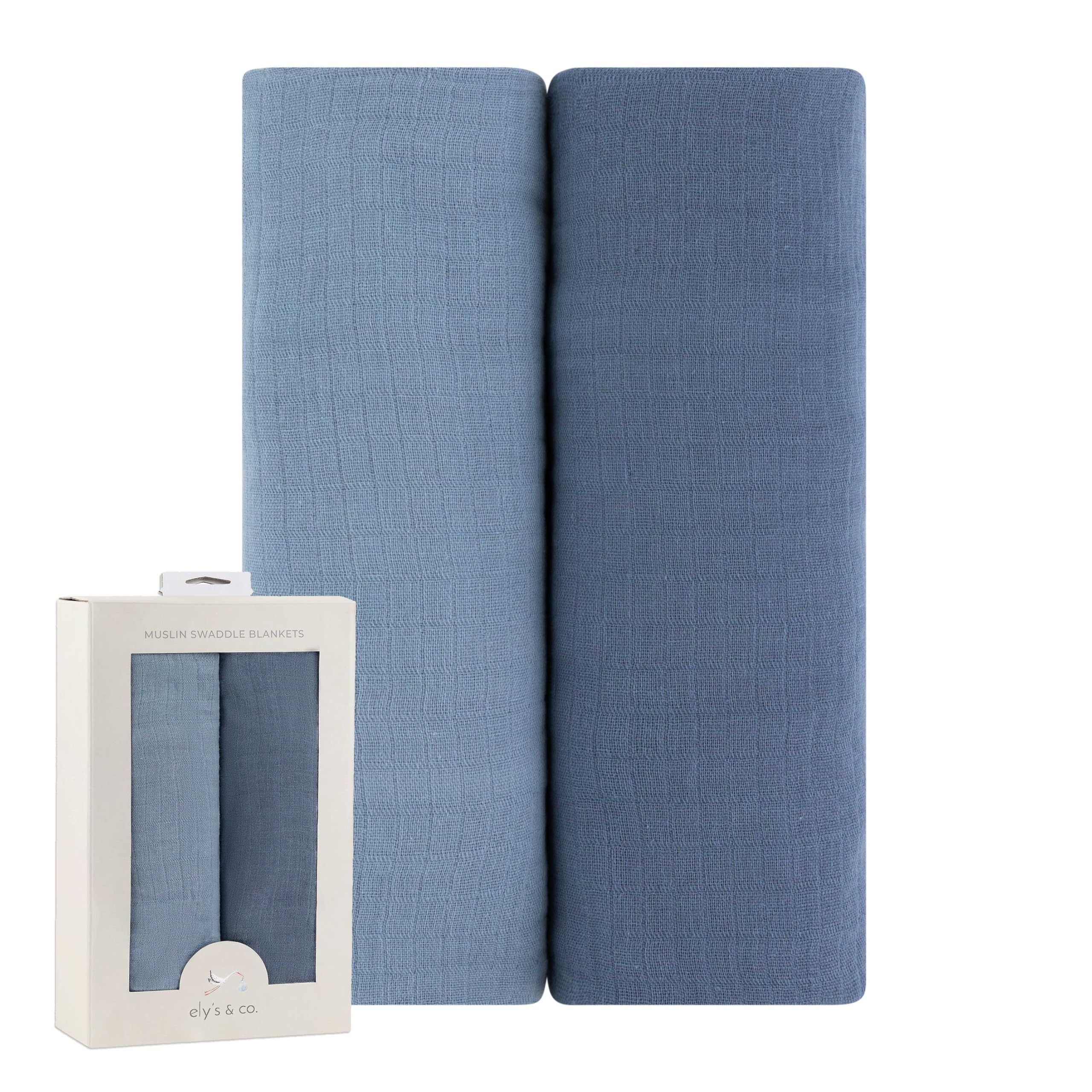 Ely's & Co. Cotton Muslin Swaddle Blanket 2-Pack for Baby Boy — 100% Cotton Muslin Extra-Large Swaddle Blankets (47” x 47”) — Sapphire Blue & Indigo Blue