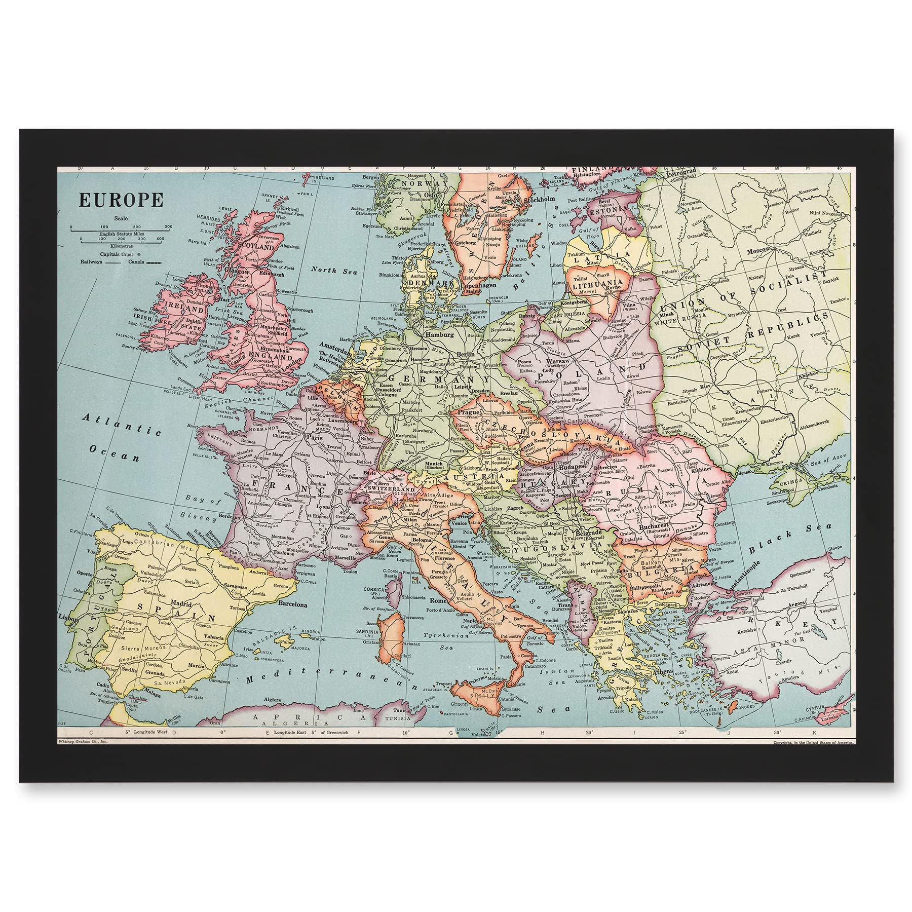 Artery8 Whitney-Graham 1930 Europe Political Map Artwork Framed Wall Art Print A4