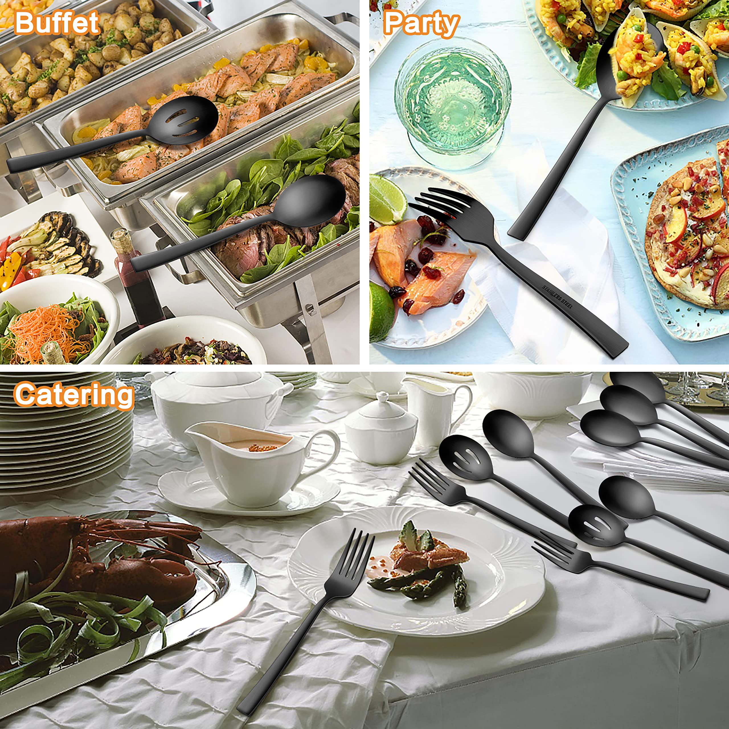 E-far Lot de 6 ustensiles de service en acier inoxydable noir mat de 22,6 cm avec bord carré, cuillères, fourchettes fendues en métal pour buffet de fête, traiteur, passent au lave-vaisselle