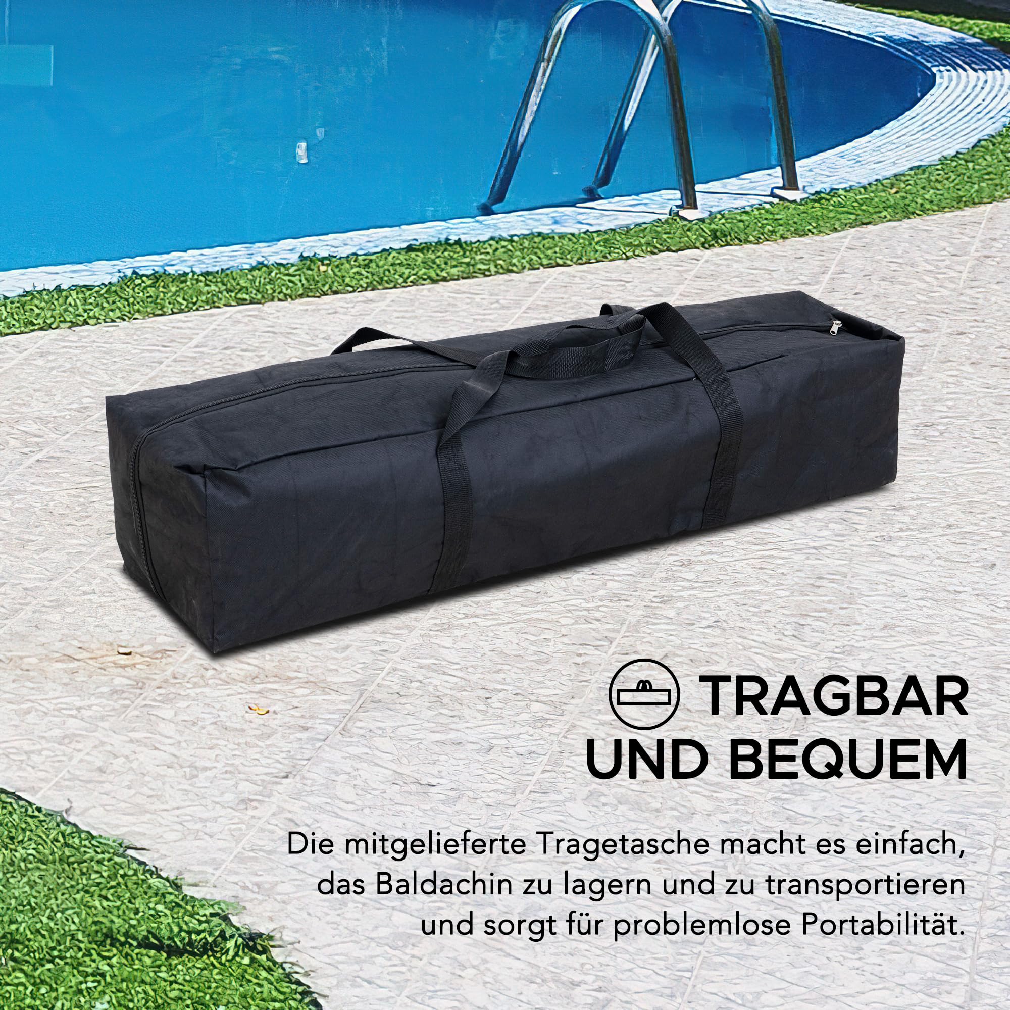 SUNJOY 3 x 3 m Pop Up Pool Pavillon mit UPF 50+ Sonnendach, Stahlrahmen, höhenverstellbar, schwimmender Outdoor Pavillon mit PVC Schwimmkörpern, Handpumpe und Tragetasche