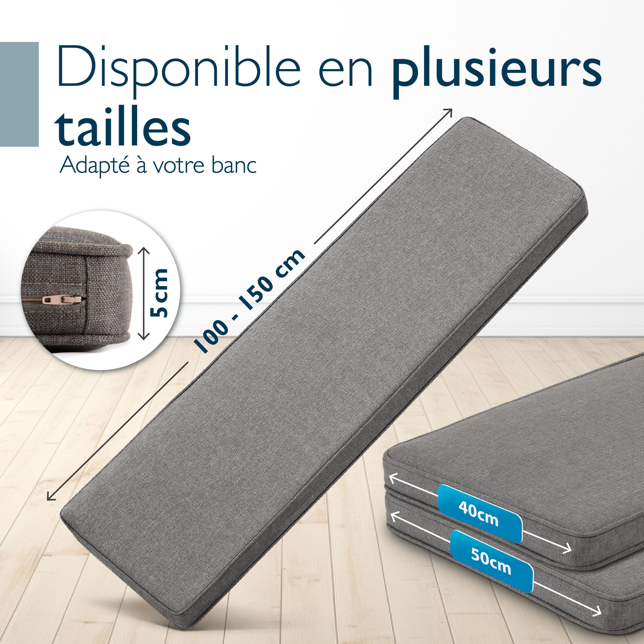 Beautissu Coussin Banc Extérieur & Interieur 120x50 cm – Coussin Banquette Moelleux Imperméabilisé pour Jardin, Terrasse & Balcon avec Housse Amovible – Lavable à 30 °C – Gris Clair – Calme BK