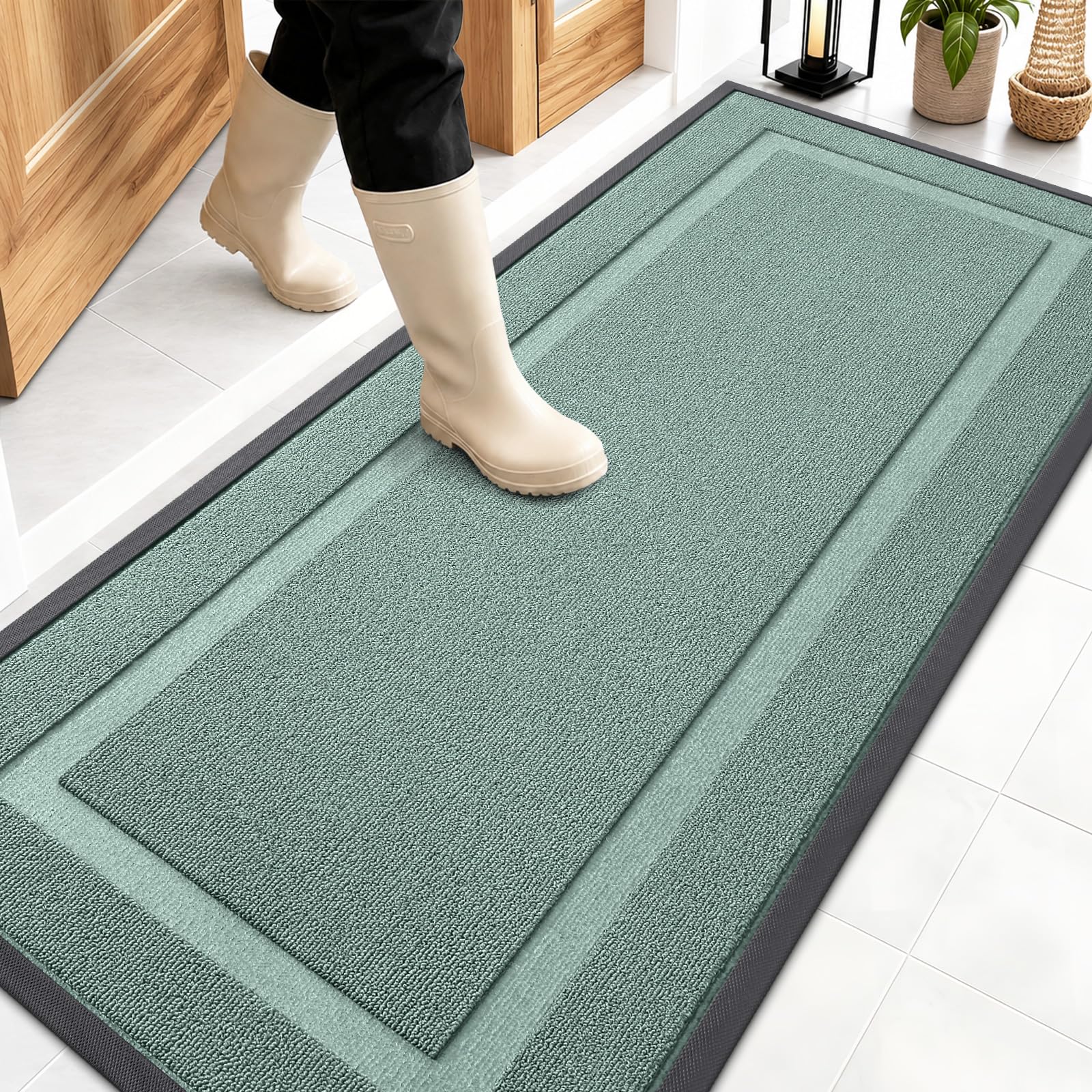 OLANLY Front Door Mat Outside 59x23, All-Season Heavy-Duty Rubber Doormat | Grayish Green, Absorbent, Stain and Fade Resistant, Non-Slip Backing, Low-Profile Indoor Outdoor Floor Mat for Entryway