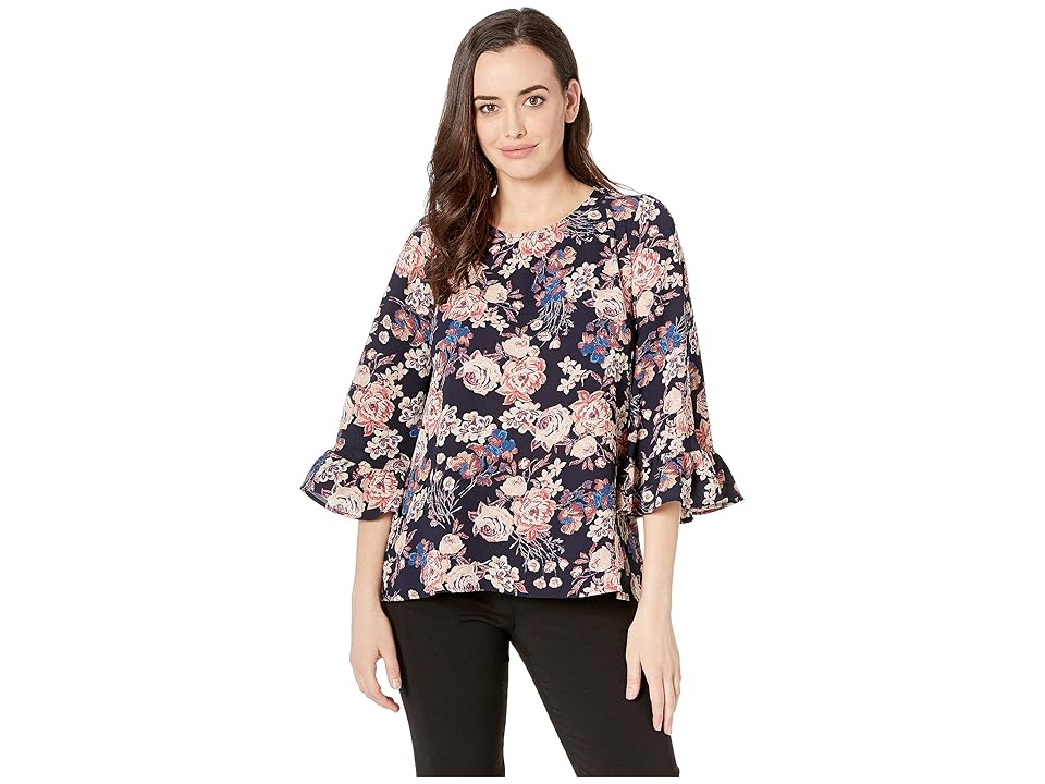 

Bobeau Ruffle Elastic Tie Sleeve Top (Navy/Rose) Women's Blouse
