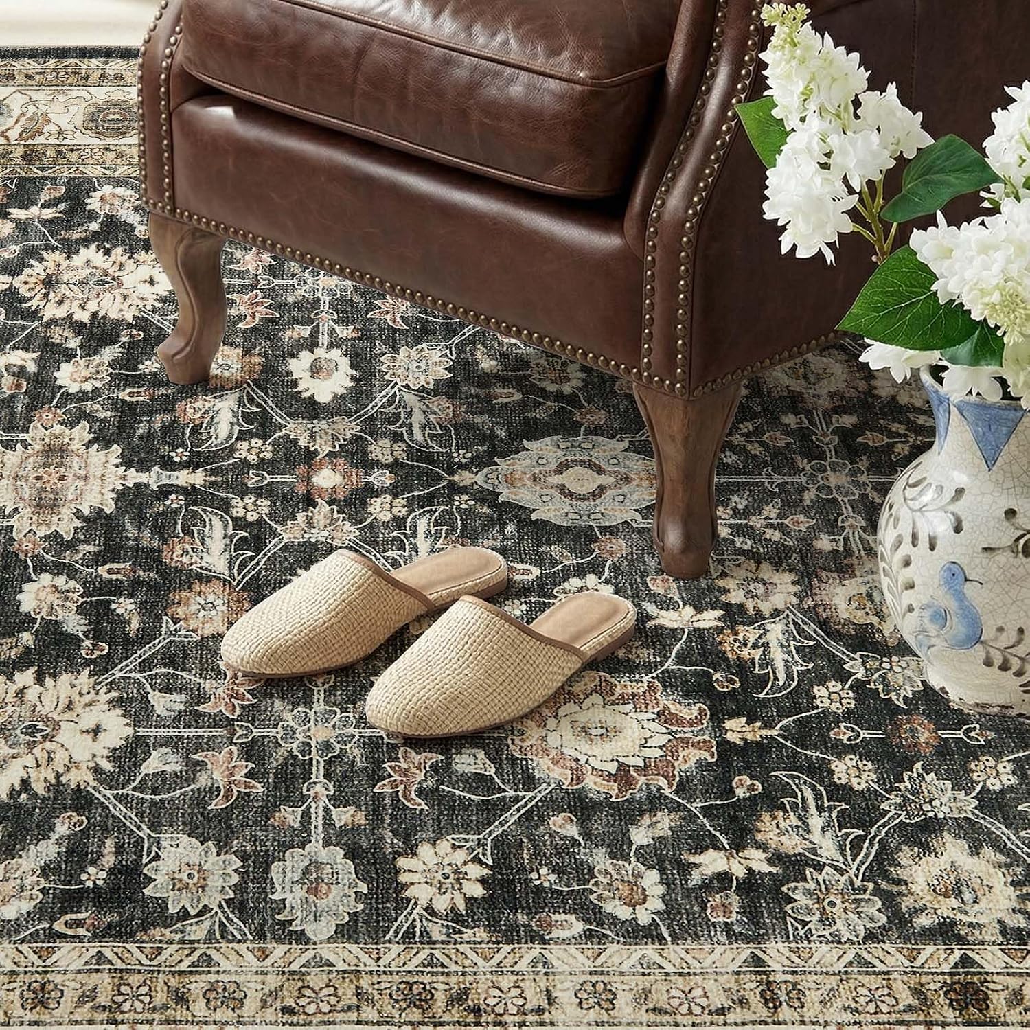 jinchan 2x6 Washable Vintage Runner Rug, Distressed Traditional Floral Kitchen Runner, Soft Low-Pile Non-Slip Floor Mat High-Traffic Aisle Hallway Rug for Entryway Laundry Room Bathroom, Black