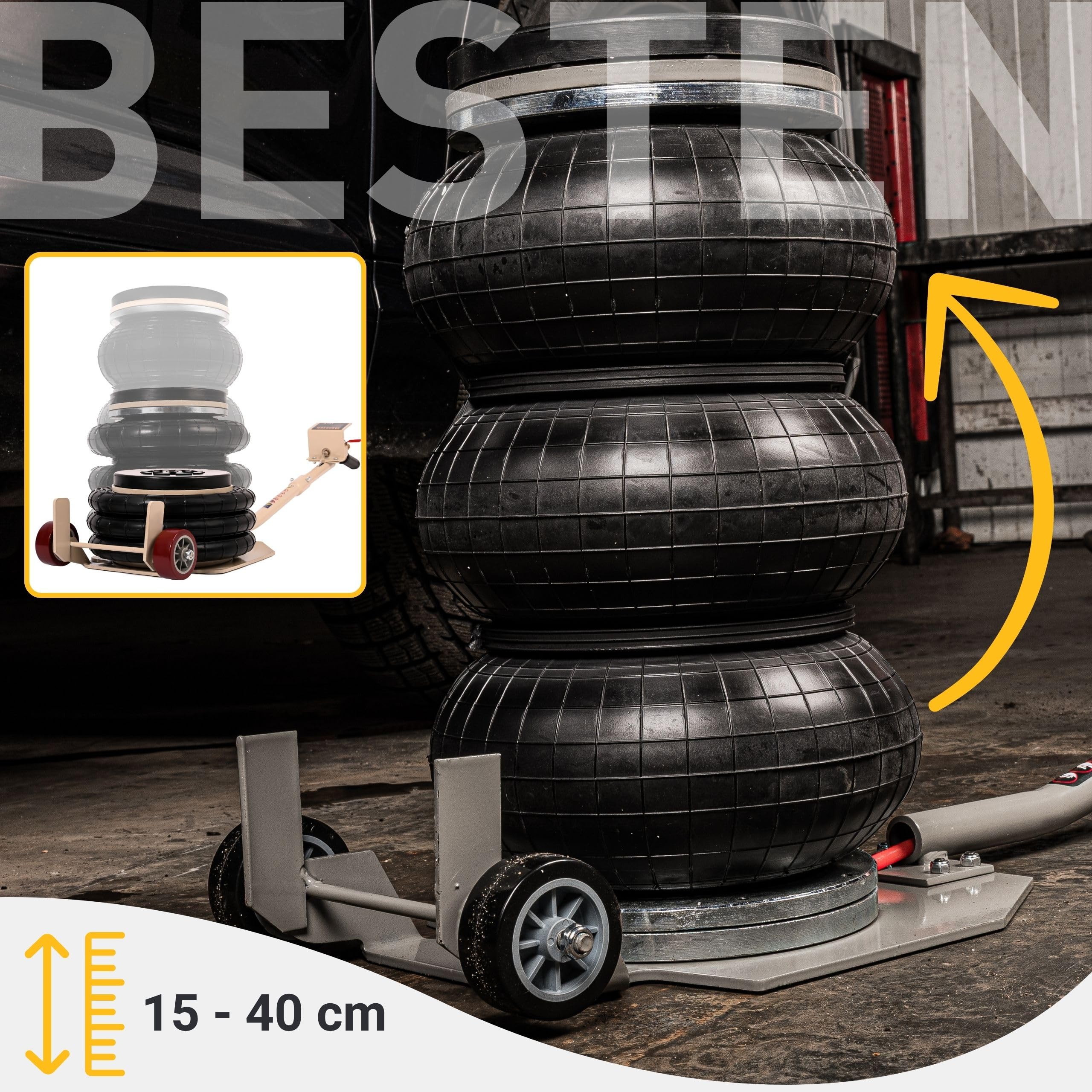 Podnośnik samochodowy pneumatyczny bałwanek BESTEN 3,5T • 150–400 mm • 6–12 bar • 3× zbrojona poduszka • teleskop centrujący • koła stal+guma Ø65 mm • zawór bezpieczeństwa • BE0002527