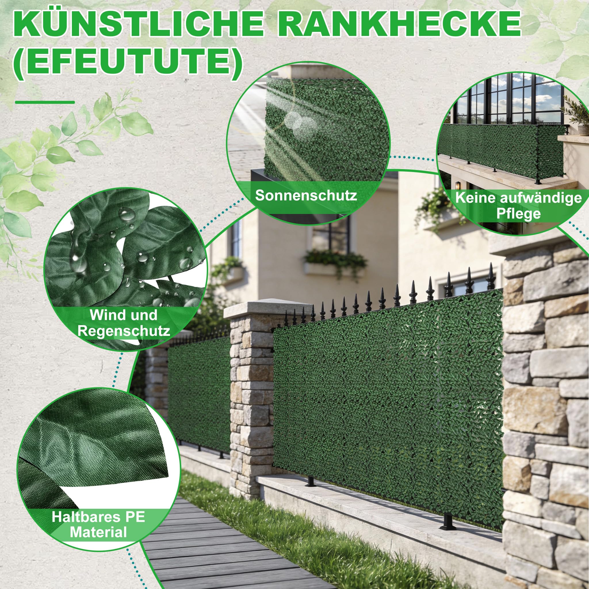 Aufun Künstliche Efeu Garten Sichtschutz mit Kabelbinder 100x1500cm | UV-Beständig Balkonsichtschutz Garten, Hecken Paneele Rolle Pflanzen Hängend Girlande für Gartenhecken Balkon Außendekoration