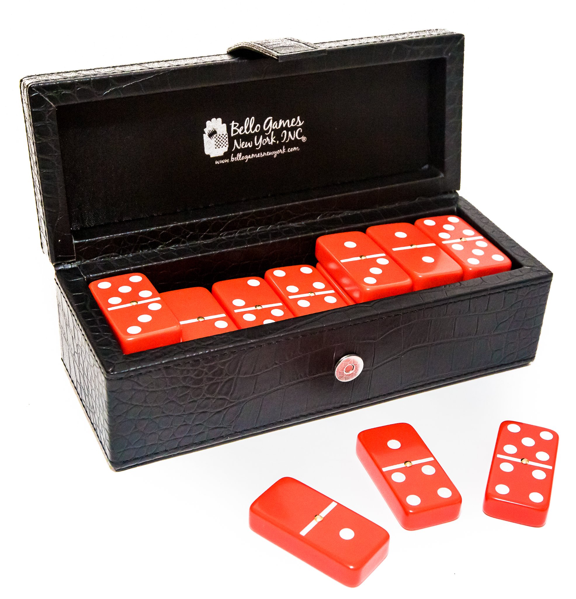 Bello Games New York, Inc. Flushing Meadows Double Six Red Professional Jumbo Size Tournament Dominoes Set with Spinners in a Black Leatherette Case