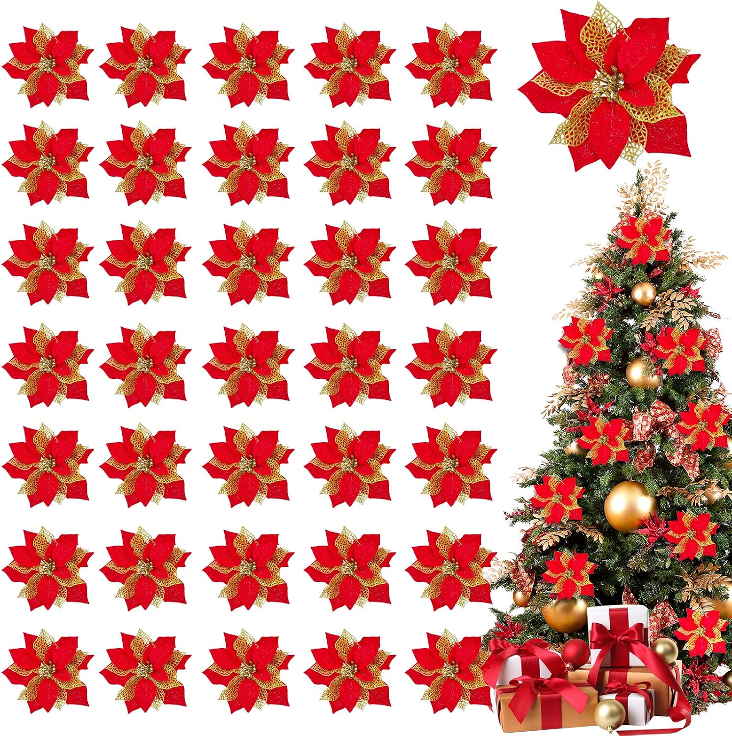 TURNMEON 36 Pack Christmas Flowers Decorations, Glitter Poinsettia Christmas Tree Ornaments, Artificial Silk Flowers Picks for Christmas Wreaths Garland Xmas Wedding New Year Holiday(Rose)