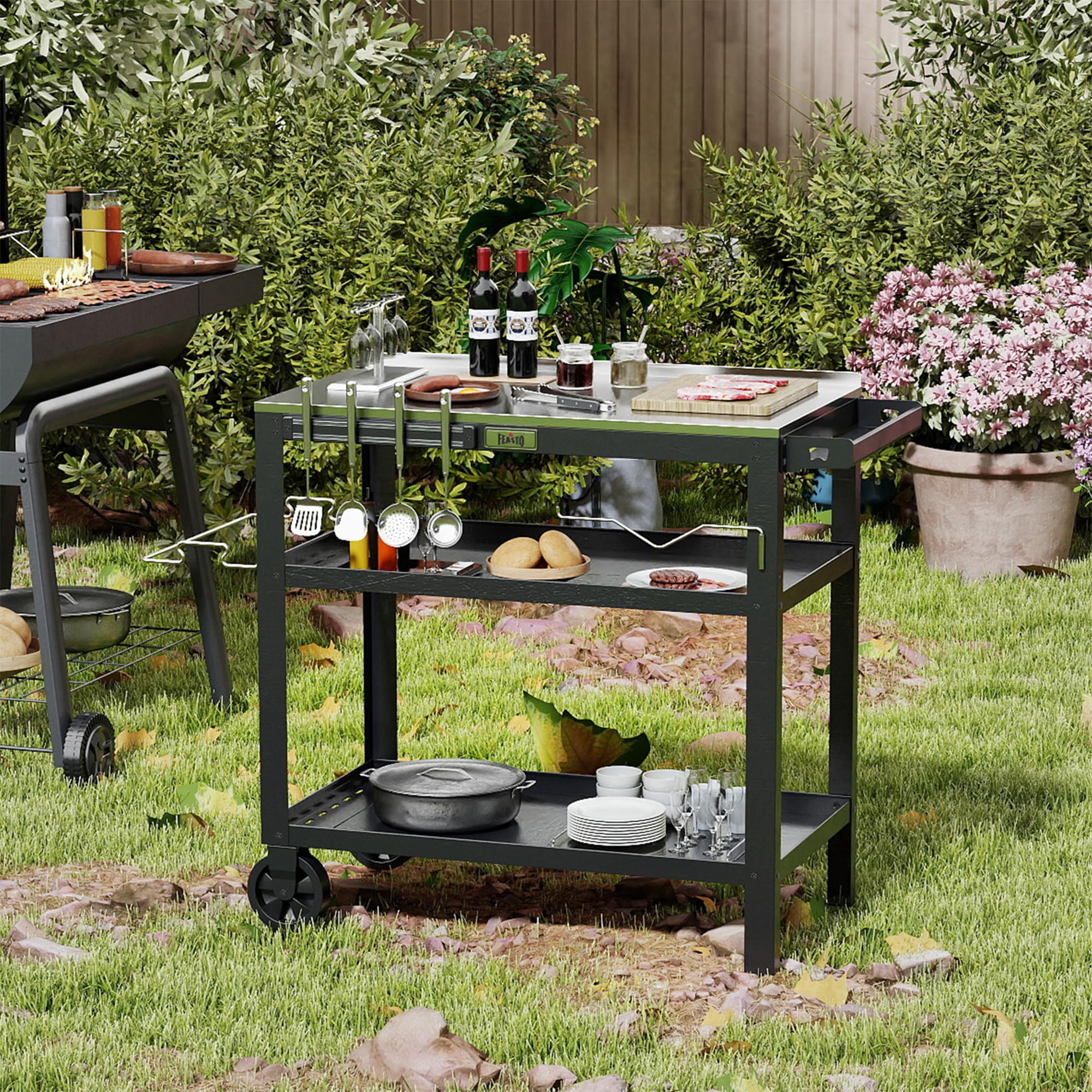 Feasto 80 x 45,7 cm Outdoor-Grillwagen mit Edelstahl-Tischplatte, beweglicher Grilltisch mit Gewürzregal und magnetischem Werkzeughalter, Hinterhof, BBQ, Küche, Lebensmittelzubereitungstisch für