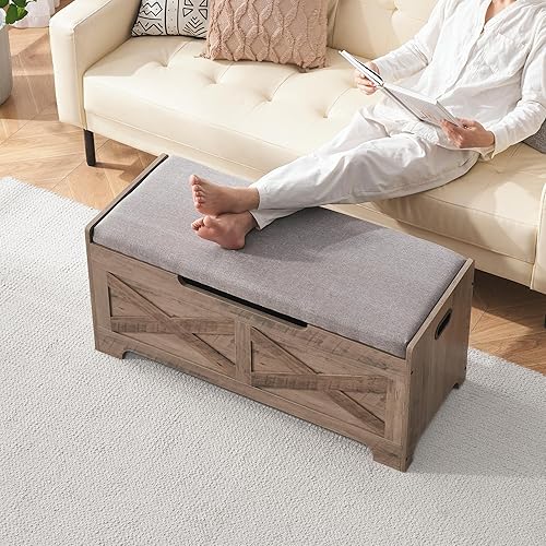 Miniatura 3 de GAOMON Baúl de almacenamiento, baúl de almacenamiento superior con 2 bisagras de seguridad, organizador estilo granero, banco de entrada de madera