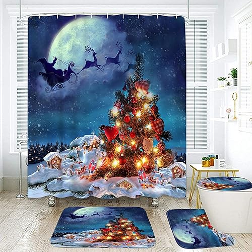 ArtSocket Juego de 4 cortinas de ducha con diseño de árbol de Navidad, Papá Noel azul, con alfombras antideslizantes, cubierta para tapa de inodoro