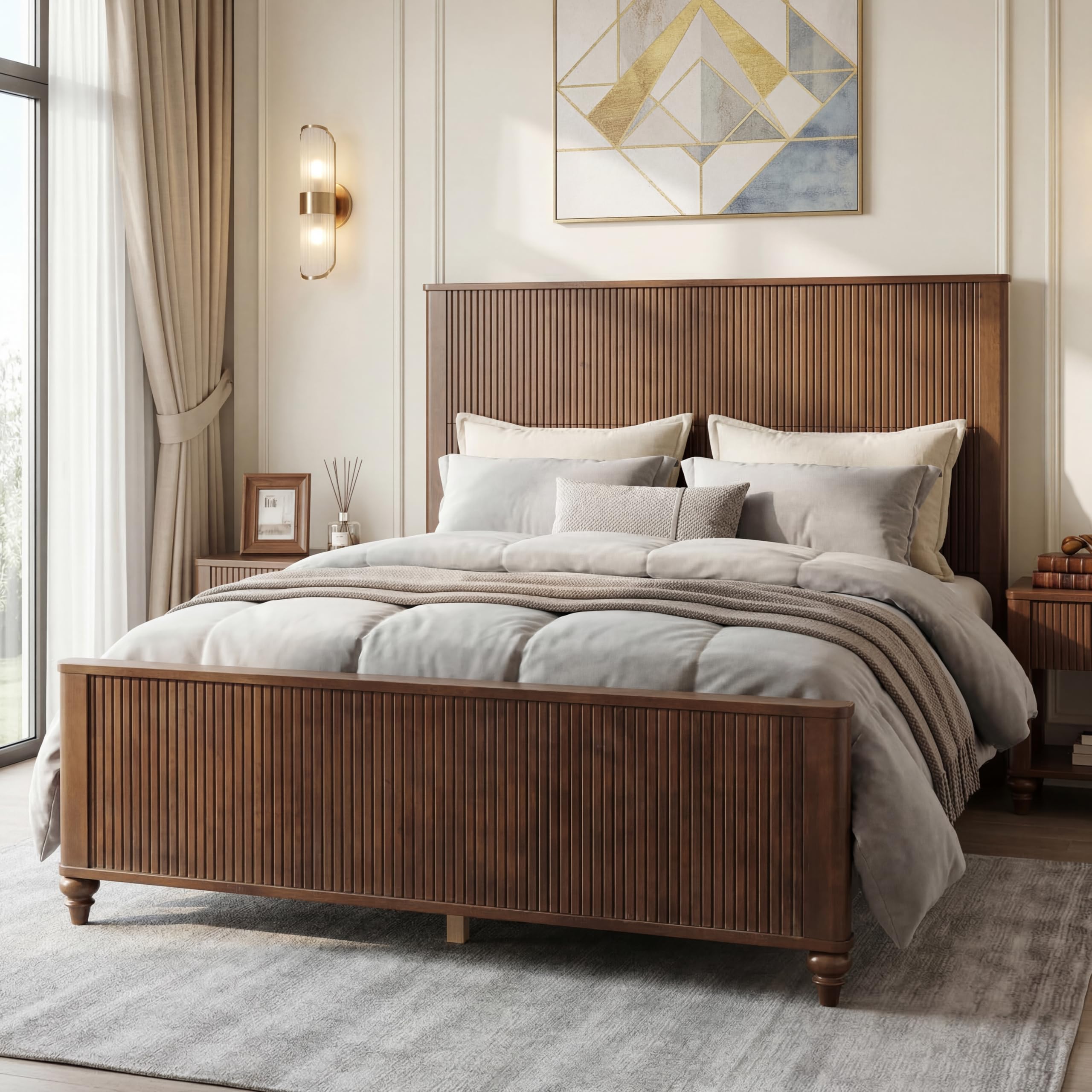 Merax Queen Size Platform Bed Frame with Fluted Headboard, Mid-Century Modern Bed Frame with Solid Wood Slats Support, Walnut Bedframe Queen-Size, No