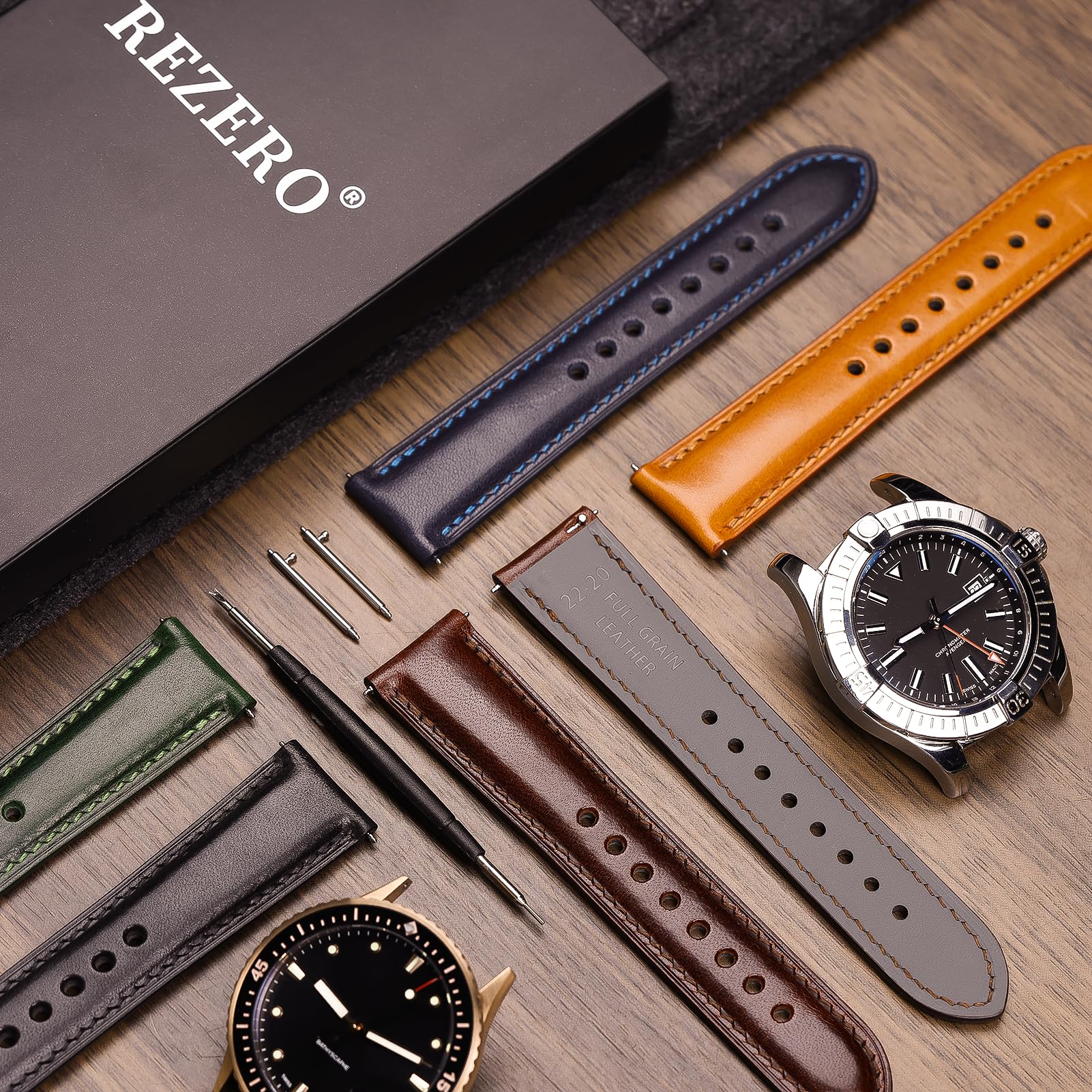 REZERO Correas de Reloj de Cuero de Toscana, Correas Artesanales con Liberación Rápida, Pulseras de Cuero de Grano Completo Curtido al Vegetal, Repuestos para Relojes de Hombre 19/20/21/22/24mm