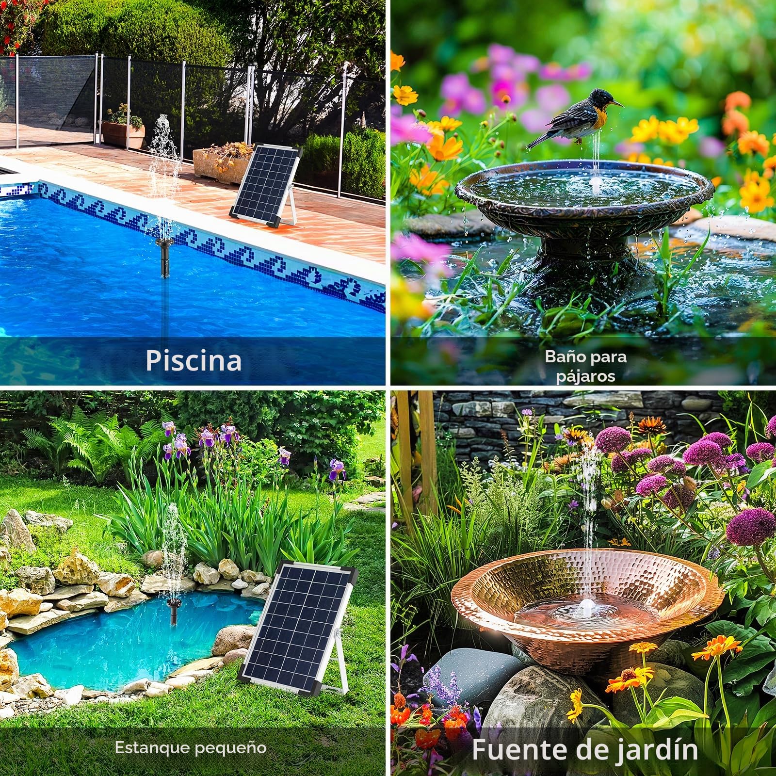 Bomba Solar para Estanque de 5 W, 170 L/h, con Tubería de Agua de 1 m, 9 Boquillas y Cable de 3,25 m, Ideal para Estanques, Fuentes, Cascadas y Piscinas