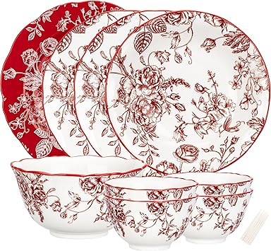 MDZF SWEET HOME 14-Piece Vintage Rose Holiday Service for 4 Dinnerware Set,Red Rose Plates and Bowls Set,Suit For Wedding,Housewarming,Afternoon Tea