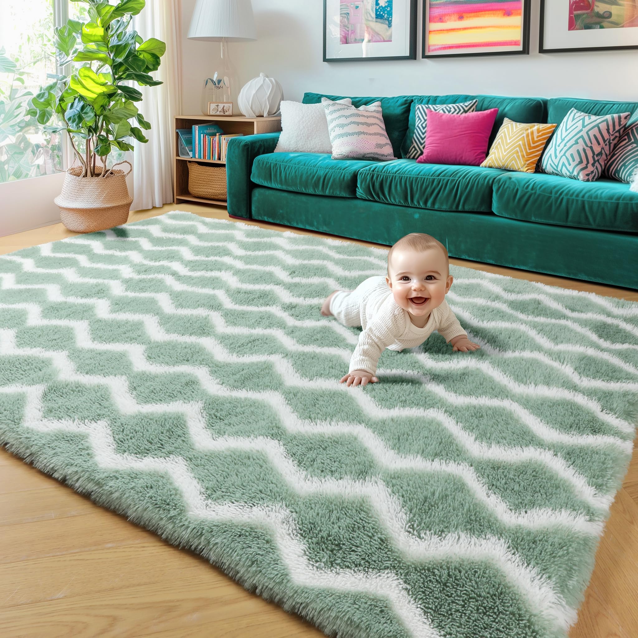 Soft Rug 5x8 Washable, Shaggy Fluffy Striped Shag Rugs for Living Room Bedroom Baby Nursery Girls Boys Kids Room Teens Dorm, Non-Slip Plush Chevron Indoor Floor Area Rug, Sage Green and White