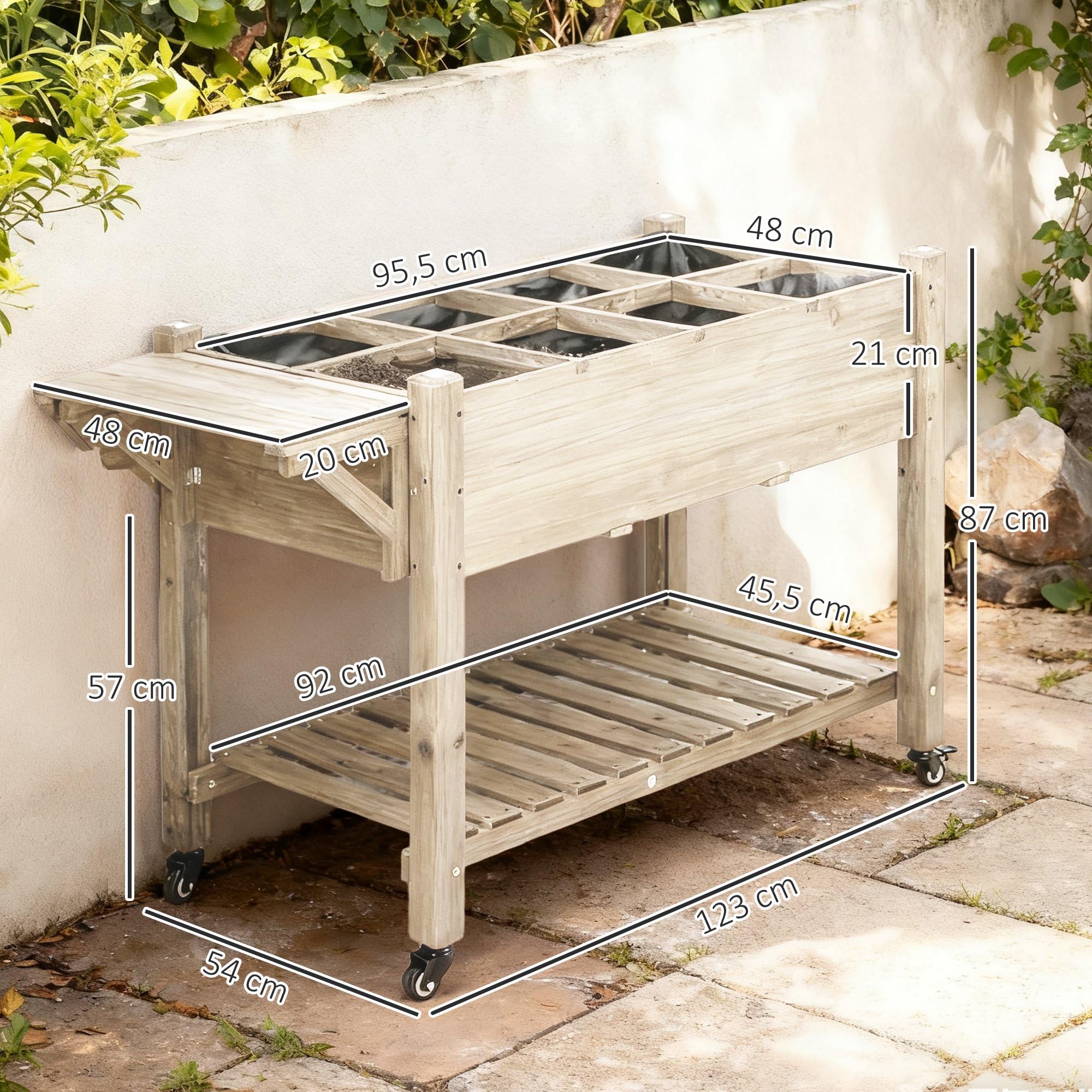 Outsunny Jardinière sur Pied - Potager sur roulettes - étagère, Tablette Rabattable, Inserts d'irrigation, Feutre de Drainage Inclus - Bois Sapin pré-huilé dim. 123L x 54l x 87H cm