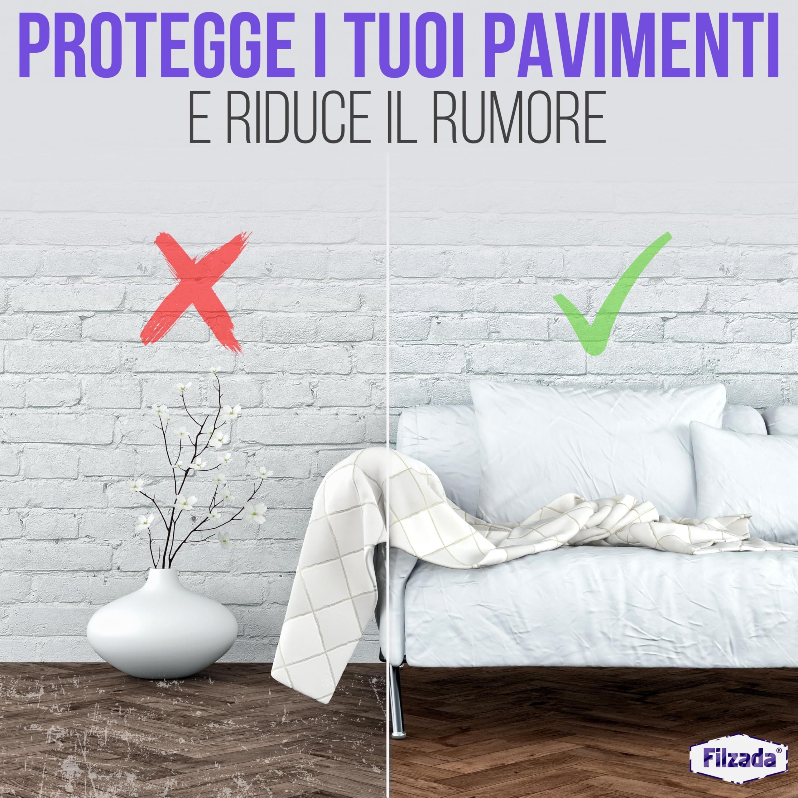 Filzada® 8x Piedini per mobili autoadesivo in Teflon - 70 x 19 mm (quadrato) - Scivoli per mobili professionali/scivoli per tappeti in PTFE (Teflon)
