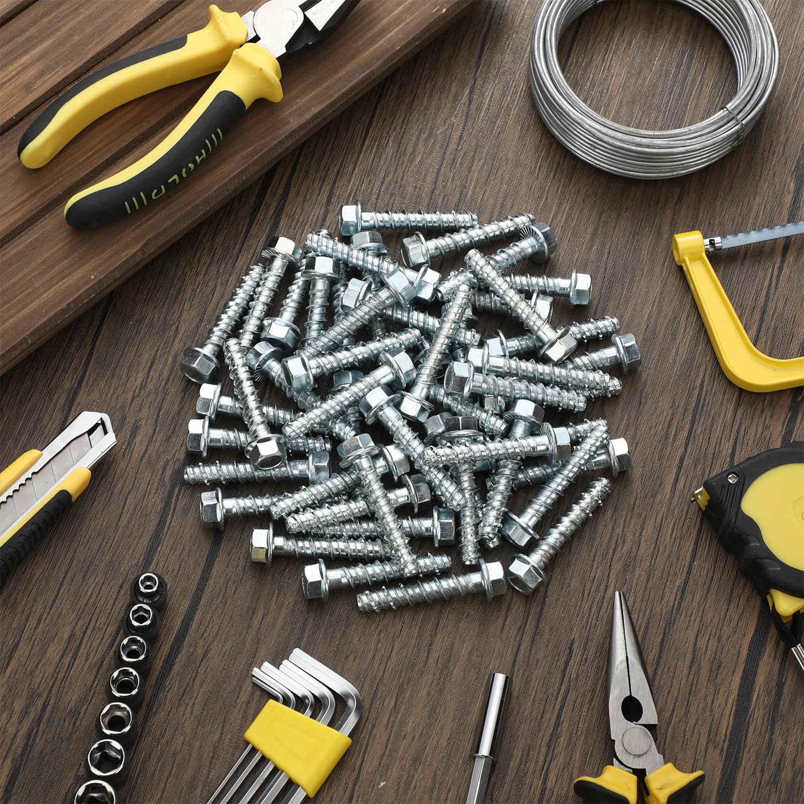 Tandefio Paquete de 150 tornillos de hormigón galvanizados de 0.3 x 2 pulgadas, tornillos de anclaje de gran diámetro, tornillos de anclaje para hormigón, tornillo de mampostería para anclaje a