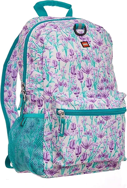 LEGO Iconic Prints Kids School Backpack Bookbag, for Travel, On-the-Go, Back to School, Boys and Girls, with Adjustable Padded Straps and Fun patterns, Purple Bouquet