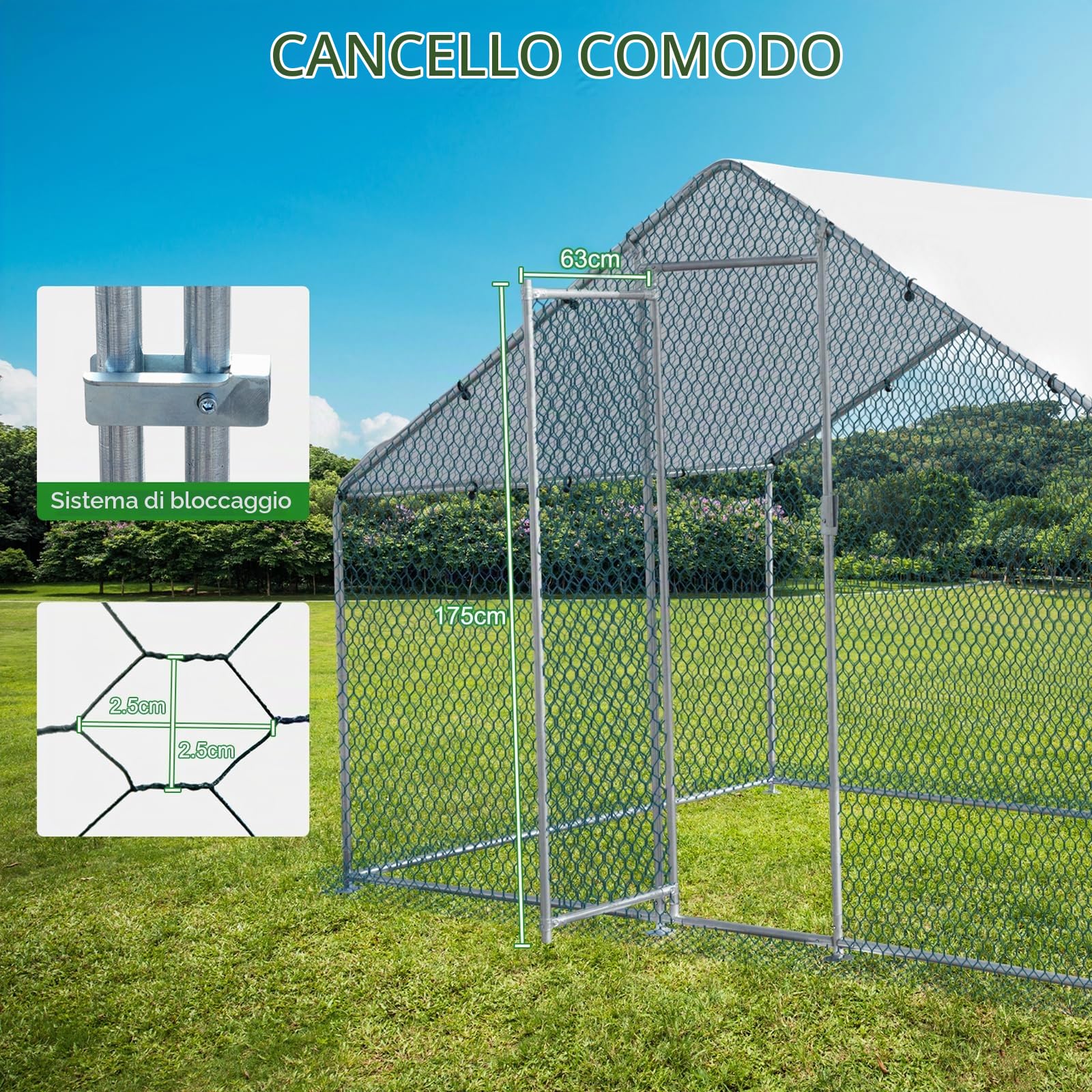 LEADZM Pollaio, 2 x 2 x 2 m, recinti a ruota libera, 4 m², grande recinto per polli con PE impermeabile, in acciaio zincato, tetto a punta