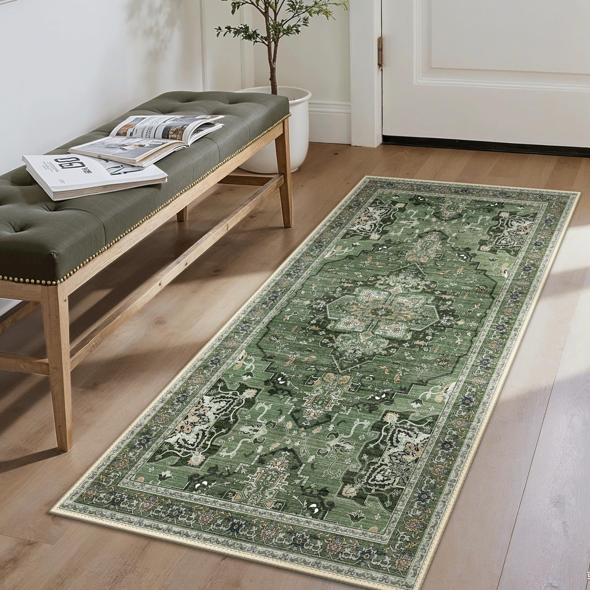 GENIMO Runner Rug 80x150cm – Dark Green Non-Slip Carpet Runner for Hallway, Kitchen or Bedroom – Machine Washable, Fade-Resistant, Bohemian Design — image 1