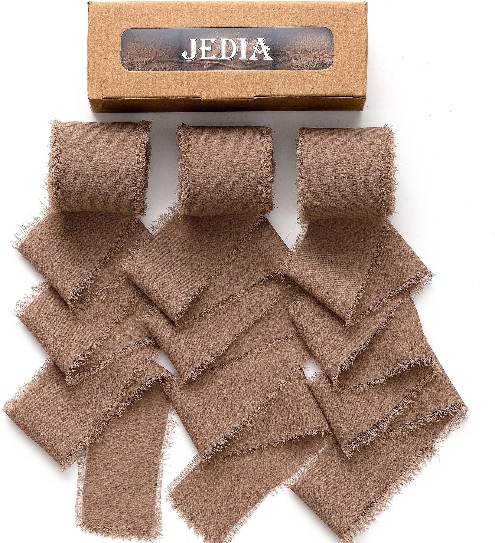 JEDIAJEDIA Chiffon Ribbon, 3 Rolls Brown Handmade Fringe Chiffon Silk Ribbons, 1.5" x 7Yd Ribbon Set for Gift Wrapping, Wedding Invitations, Bouquet Wrap, Bridal Bouquets, DIY Crafts
