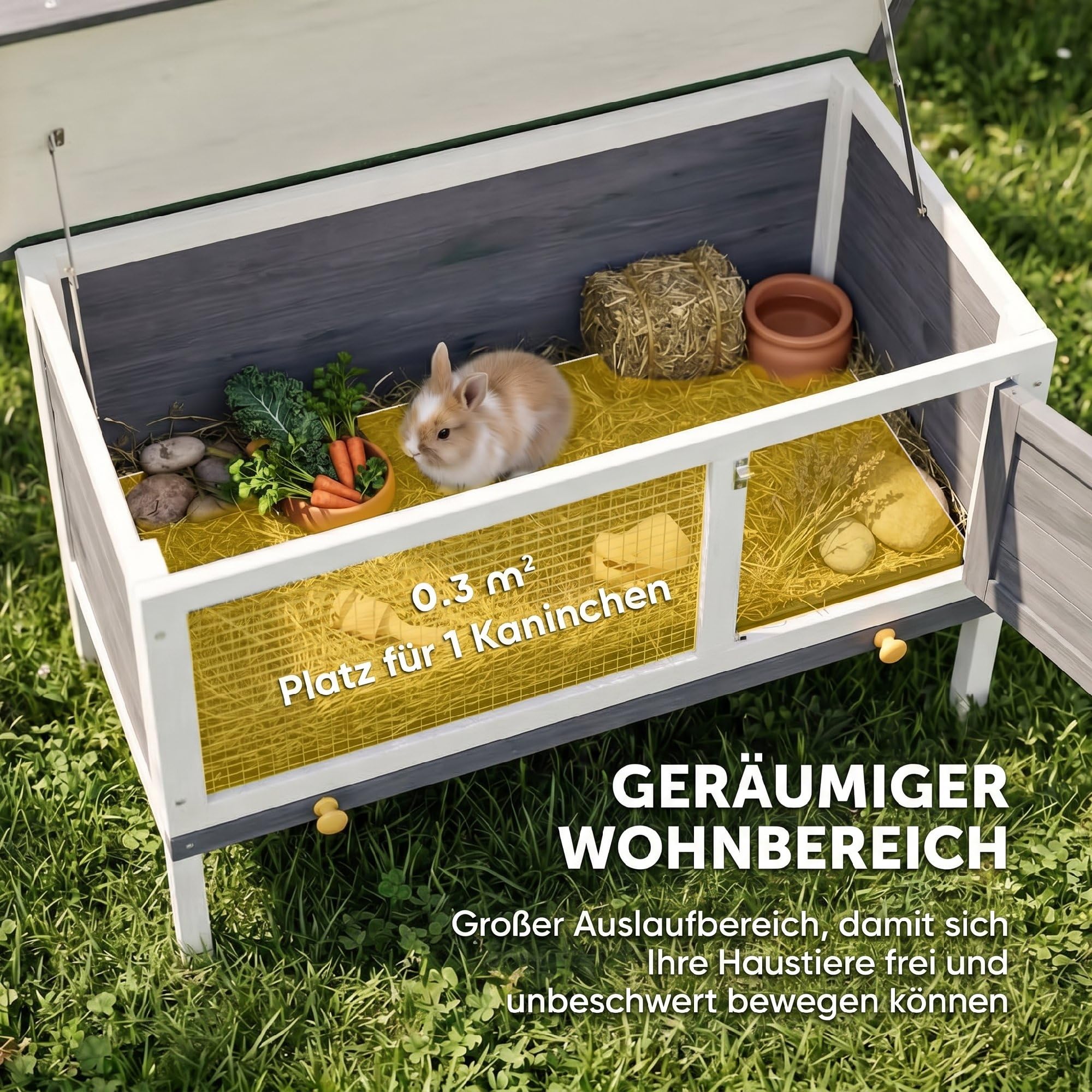 PawHut Hasenstall Kaninchenstall aus Holz 90x45x65 cm erhöhter Kaninchenkäfig mit aufklappbar Bitumendach, herausziehbarer Schublade, Tür, Metallgitter, Hasenkäfig für Kleintiere Outdoor Grau