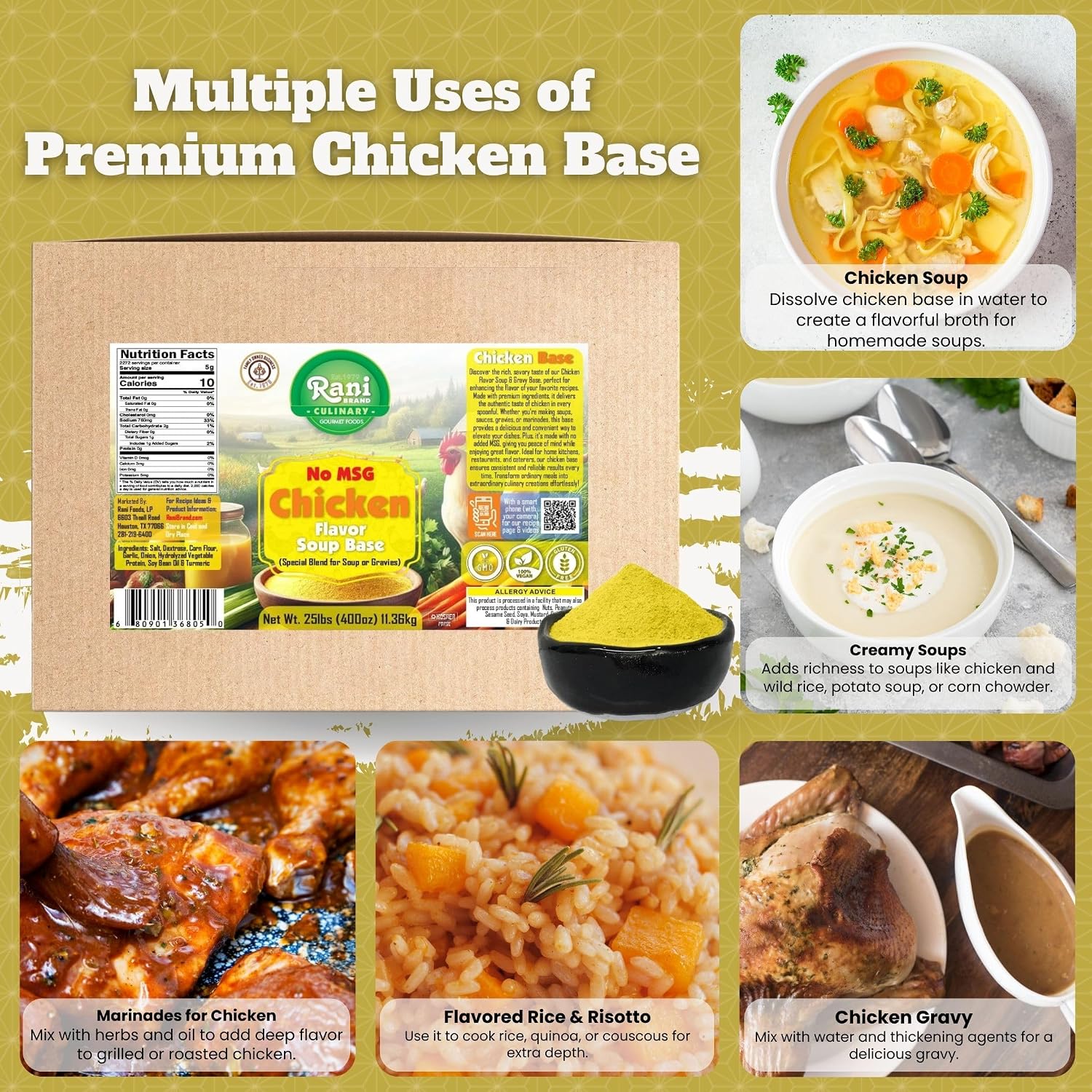 Rani Premium Chicken Base (Special Blend for Soup or Gravies) 400oz (25lbs) 11.36kg Bulk Box ~ All Natural | Gluten Friendly | NON-GMO | Kosher | Vegan | Product of USA