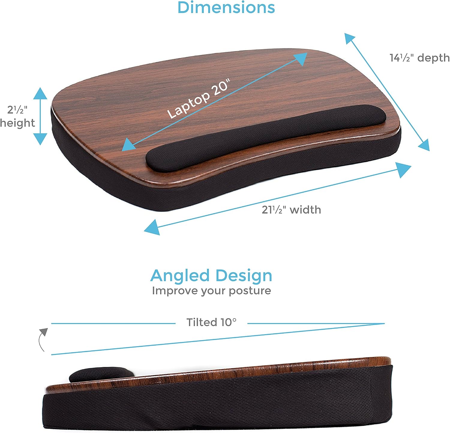 Sofia + Sam Oversized Lap Desk with Memory Foam Cushion | Wrist Rest Cushion | Fits Laptops Up to 17" | Brown and Black | Computer Lap Tray | Portable Home Office Workstation