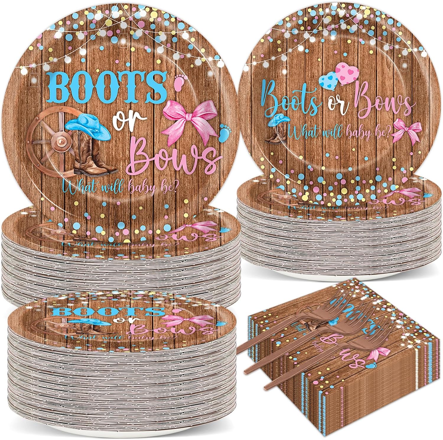 200Pcs Boots or Bows Gender Reveal Party Decorations Blue Pink Tableware Dinnerware Set Boy or Girl Paper Disposable Plates Napkins for Baby Shower Gender Reveal Party Supplies Serves 50 Guests