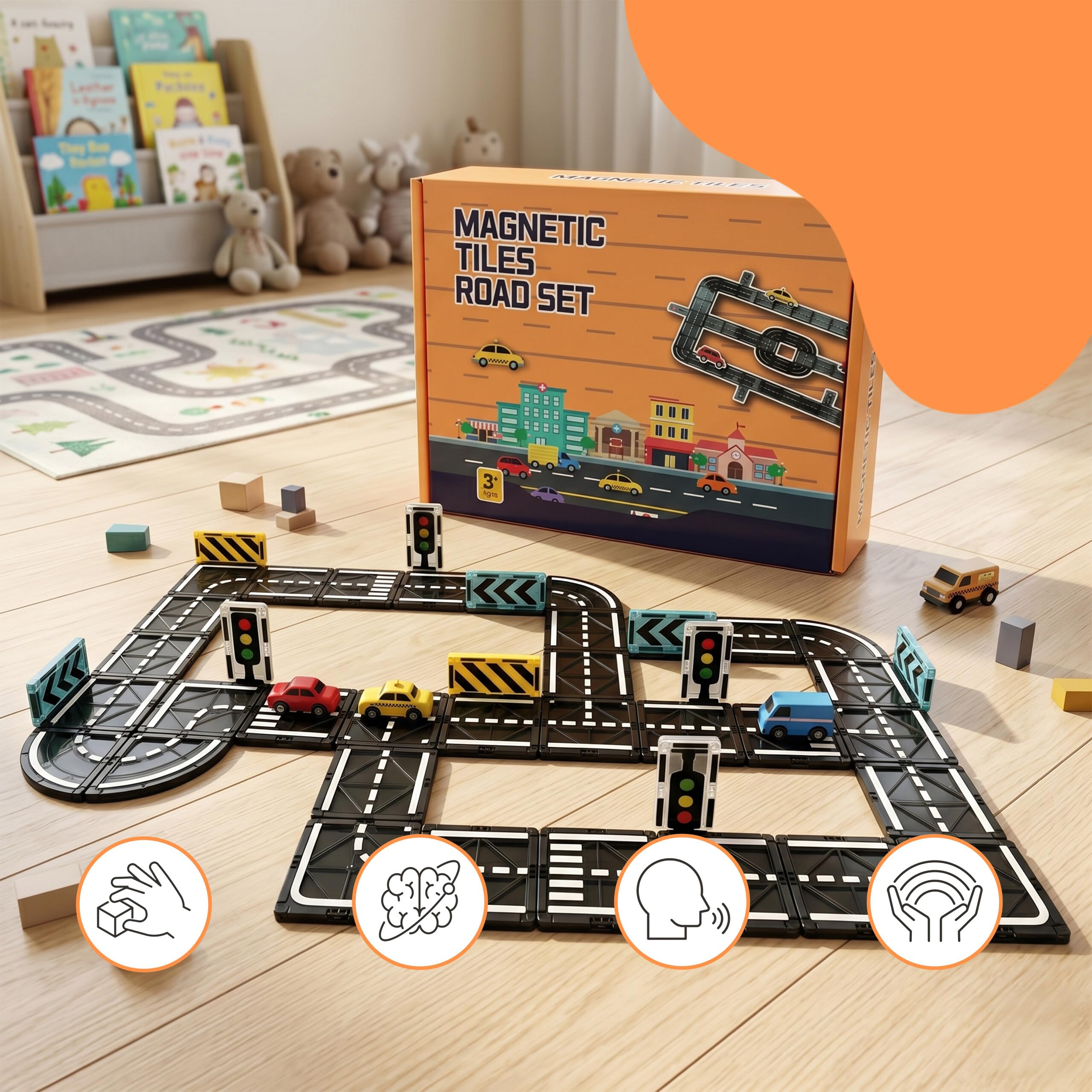 Relaxdays Set de Carreteras magnéticas, 70 Piezas, señales de tráfico, Juguete Educativo Desde 3 años, ABS, Negro