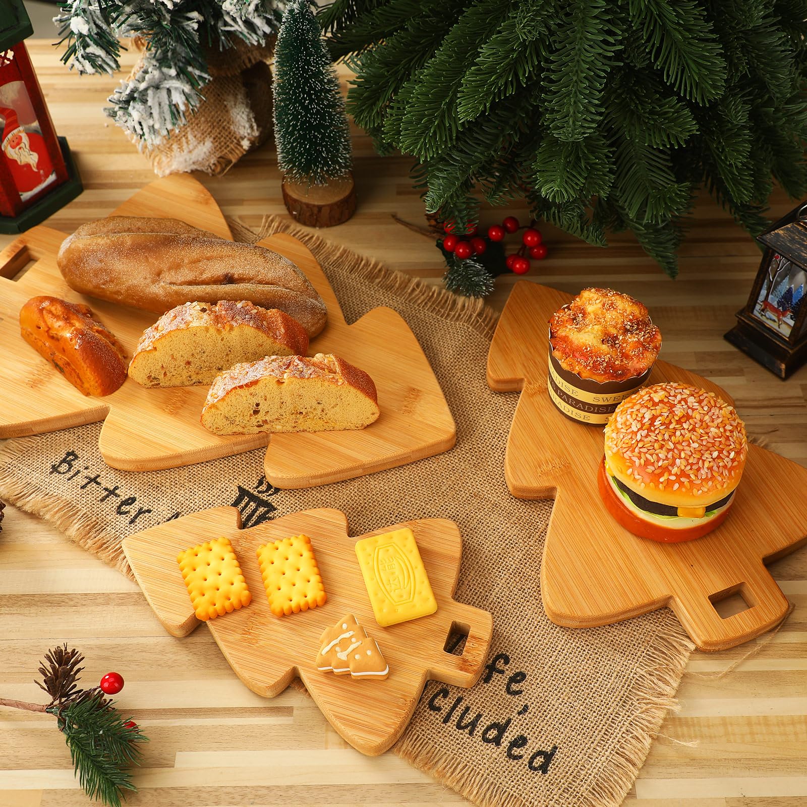 Sliner Juego de 3 tablas de cortar en forma de árbol de Navidad, tabla de cortar de madera, bloque de carnicero de madera para decoración de cocina, queso, verduras, carne, frutas, ensalada, vino,