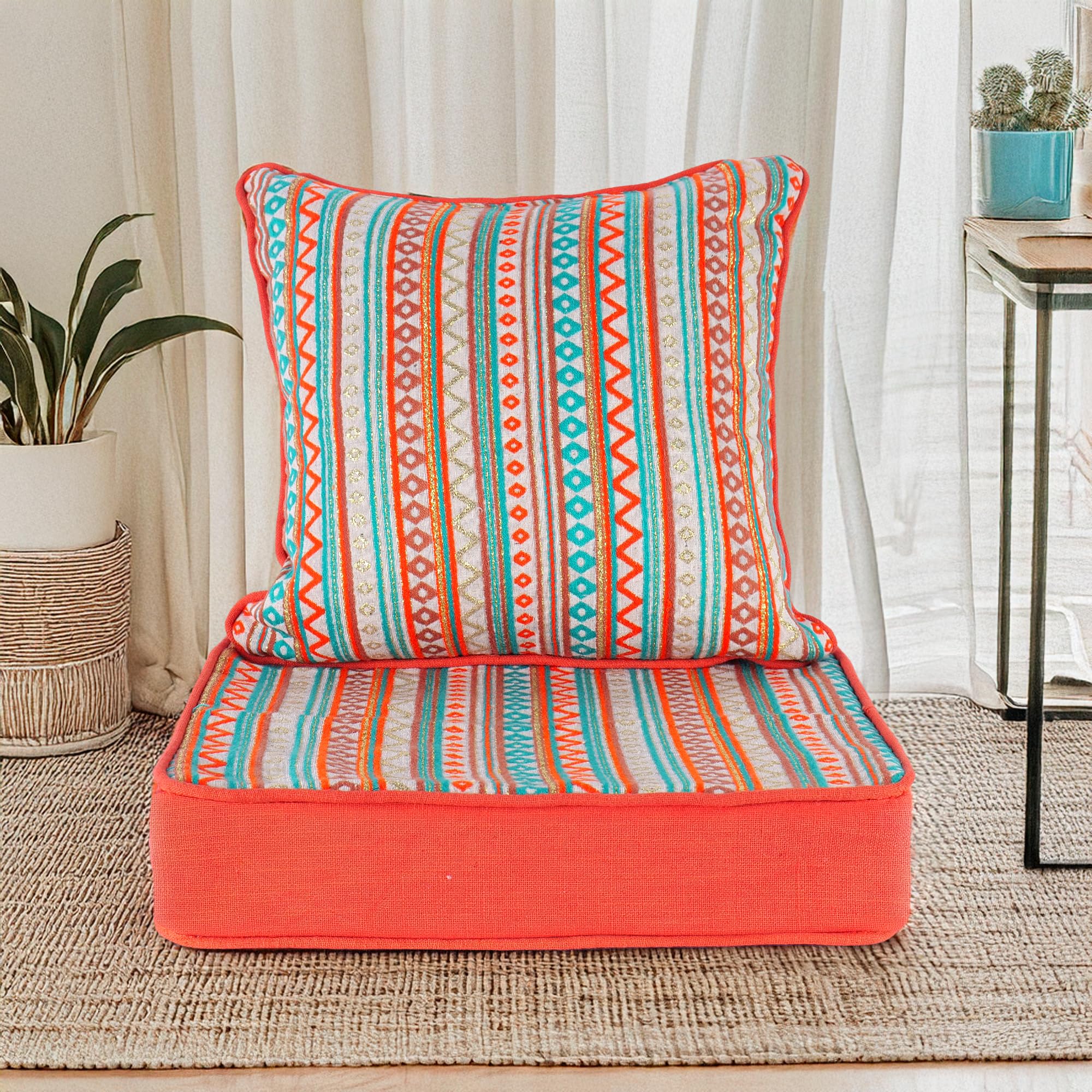 The Furnishers Multipurpose 40x40x8 CM Woven Fashionable High Densitiy Foam Cushion Set for Floor, Patio, Chair and Balcony Garden Seating - Boho Orange, Small Size Set - 16x16x3 Inches