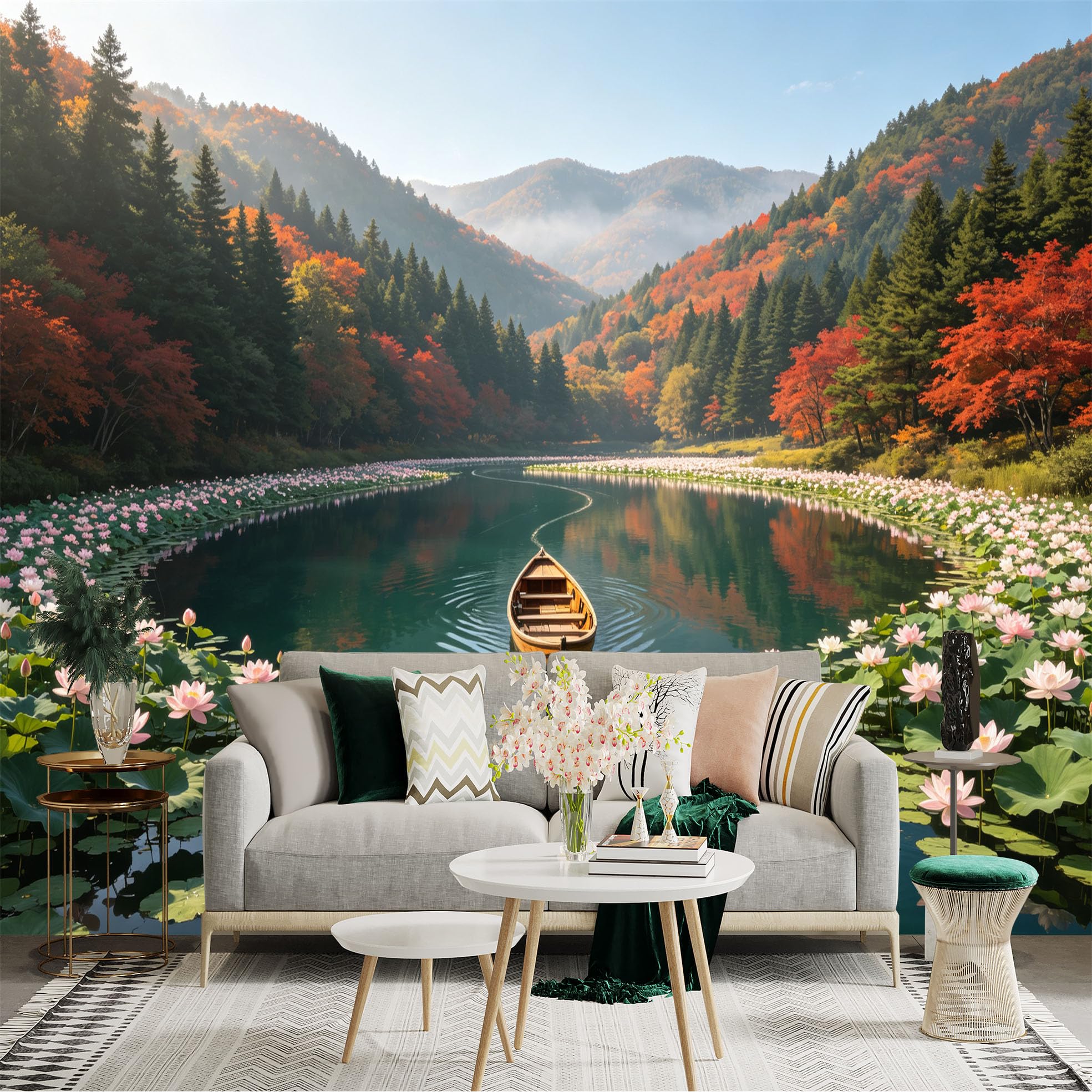 Custom Size Wall Sticker Mural， Scenic Autumn Lake with Lotus Flowers， Wooden Boat and Ducks， Peaceful Nature Landscape， for wall Decoration， peelandstick wall Decals.