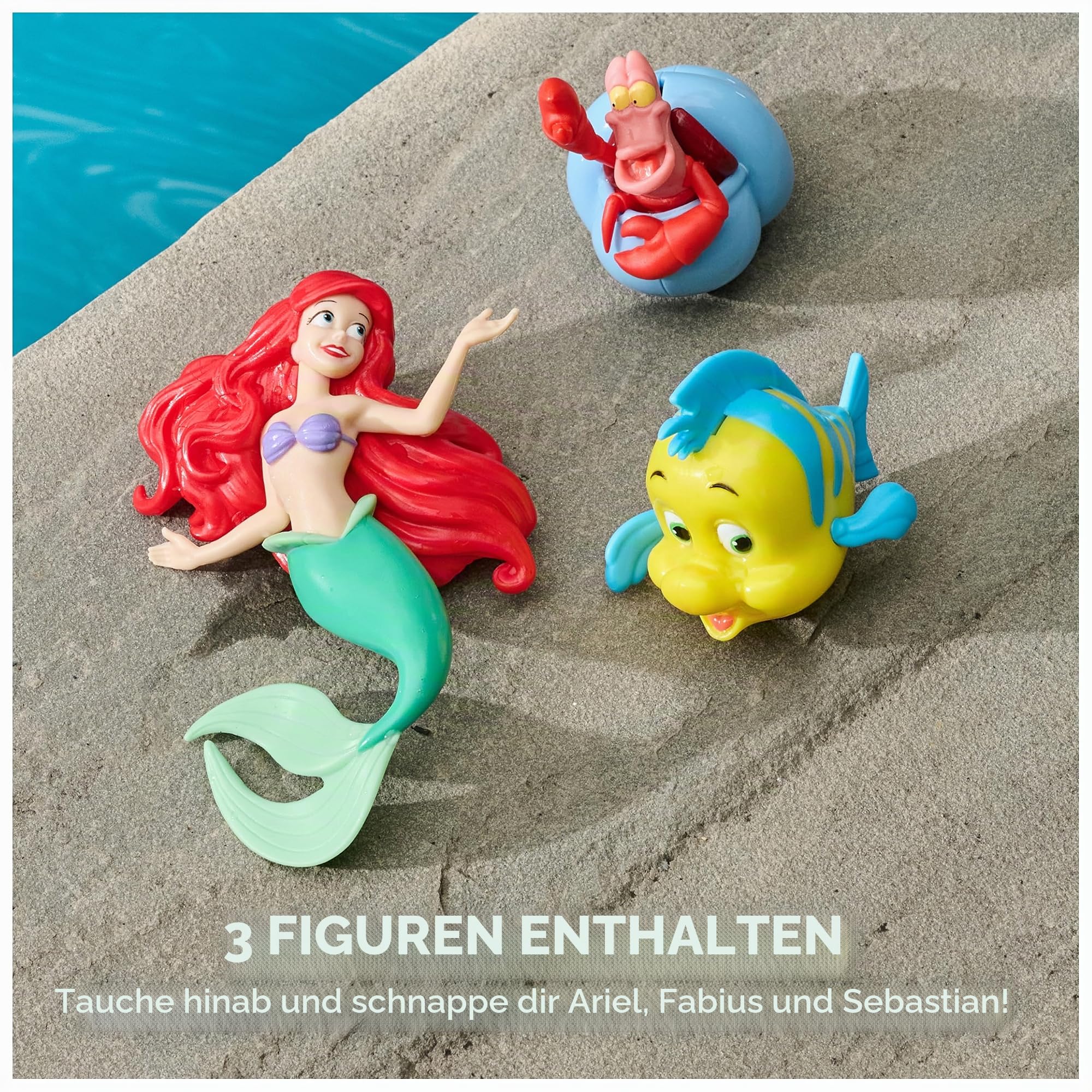 SwimWays Disney Die kleine Meerjungfrau Tauchfiguren, Poolspielzeug, 3er-Pack, ab 5 Jahren | Gewichtete wasserdichte Figuren sinken und fördern aktives Sommerspiel; baut Schwimmvertrauen mit Tauchspielen und Rennen auf
