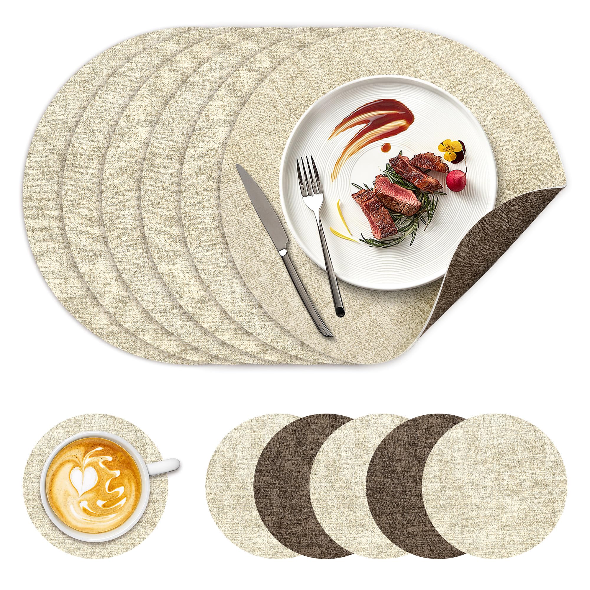 NCUE 13" Faux Leather Round Placemats Set of 6, Reversible Dual-Color