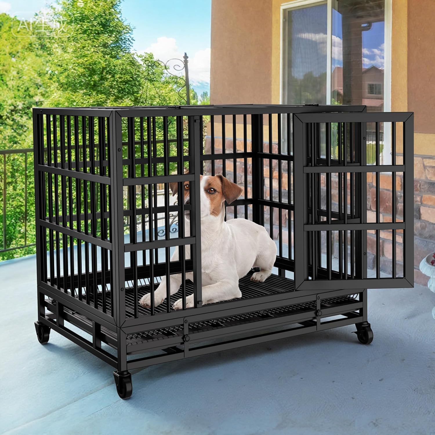 JY QAQA 48/38 Inch Heavy Duty Indestructible Dog Crate Double Doors Escape Proof Cage Kennel,Enhanced Metal Pet Cage,Extra Large Crate Indoor for Large Dog with Removable Tray and Lockable Wheels