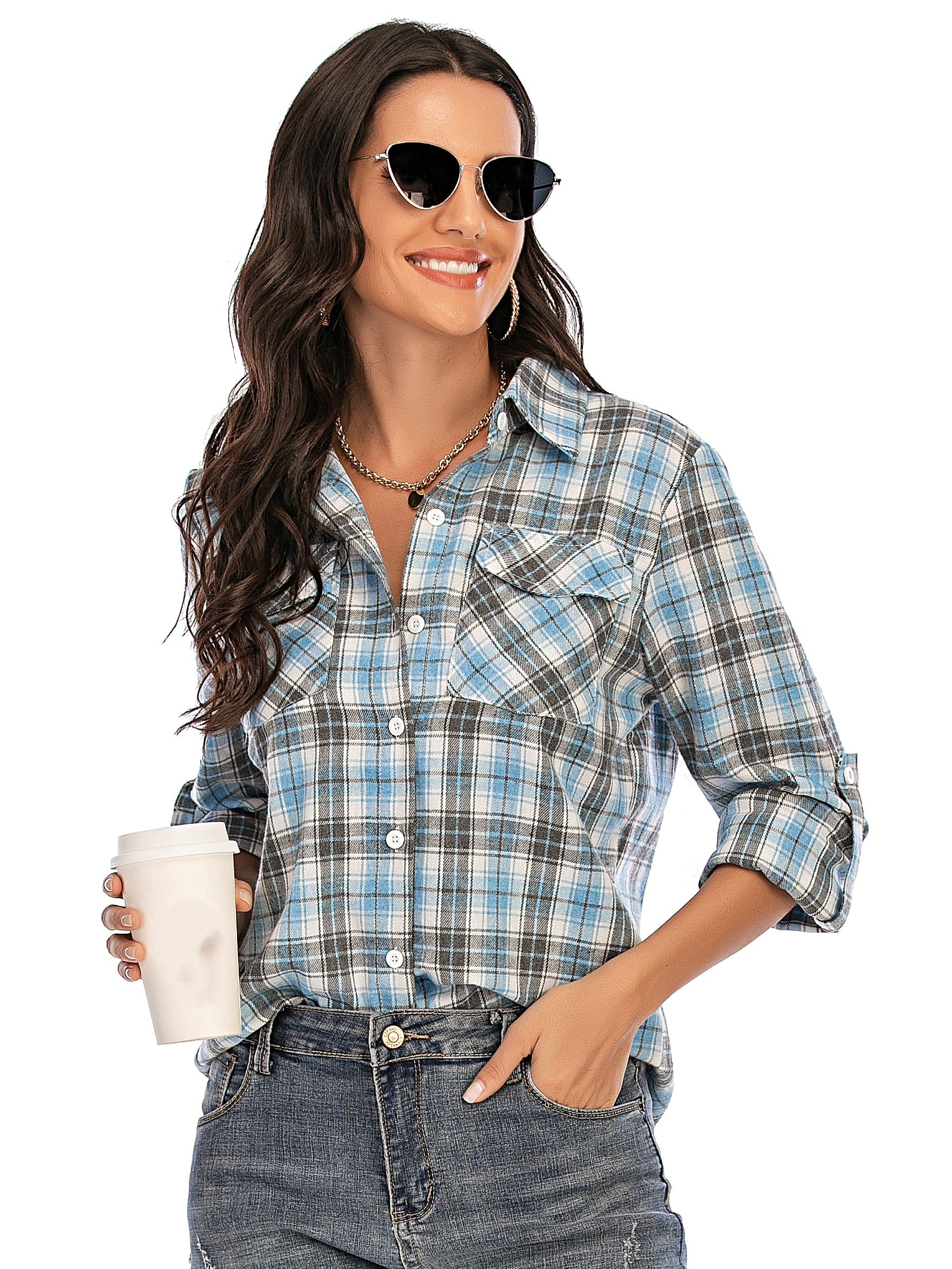 Enjoyoself Damska bluzka w kratkę, z długim rękawem, flanelowa, 100% bawełna, zapinana na guziki, bluzka koszulowa na co dzień i Oktoberfest