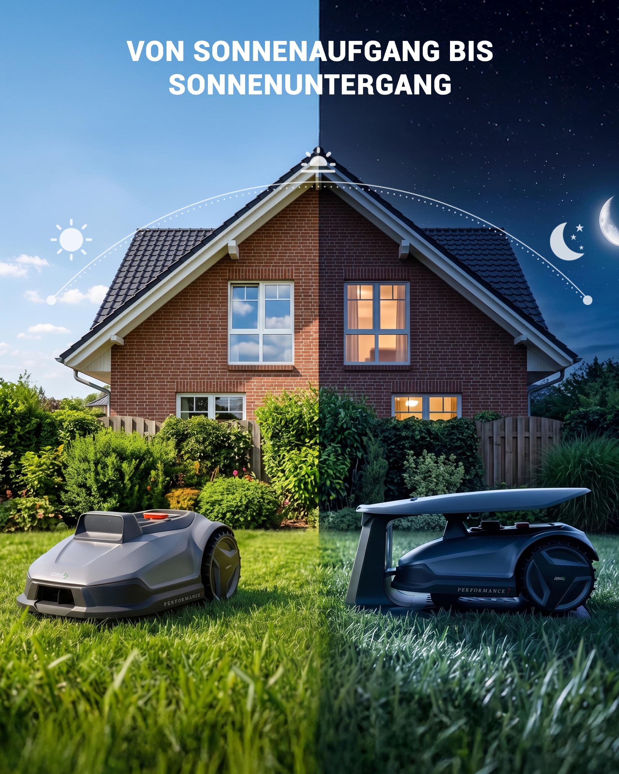 Natural Expressions Performance 7 Mähroboter ohne Begrenzungskabel mit Garage, 500m² Rasenmäher kein RTK mit Vision 3.0 KI-Navigation, 5-Min-Installation, Hindernisvermeidung, Igelschutz
