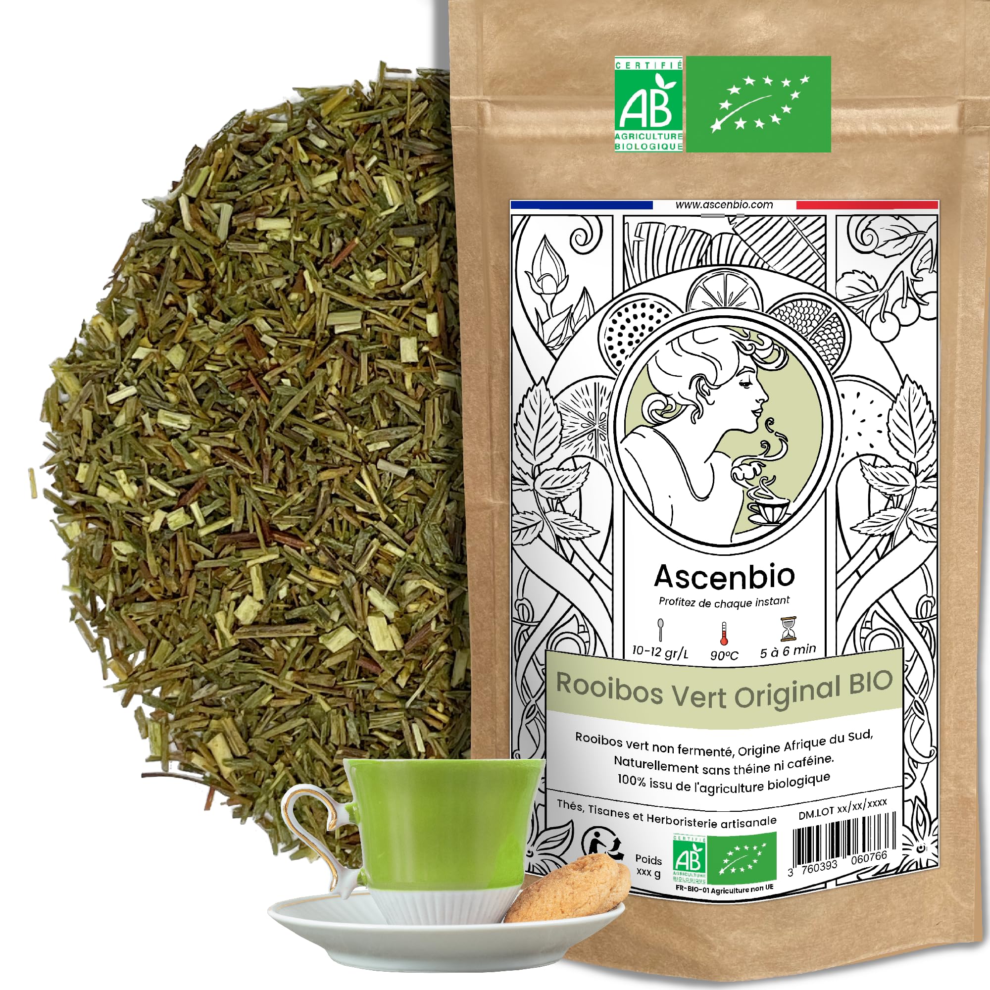 Ascenbio ✿ Rooibos Verde Orgánico ✿ Té de hierbas nocturnas Rooibos sin fermentar ✿ A granel 180 g ✿ Preparado y envasado en Francia ✿ Embalaje biodegradable