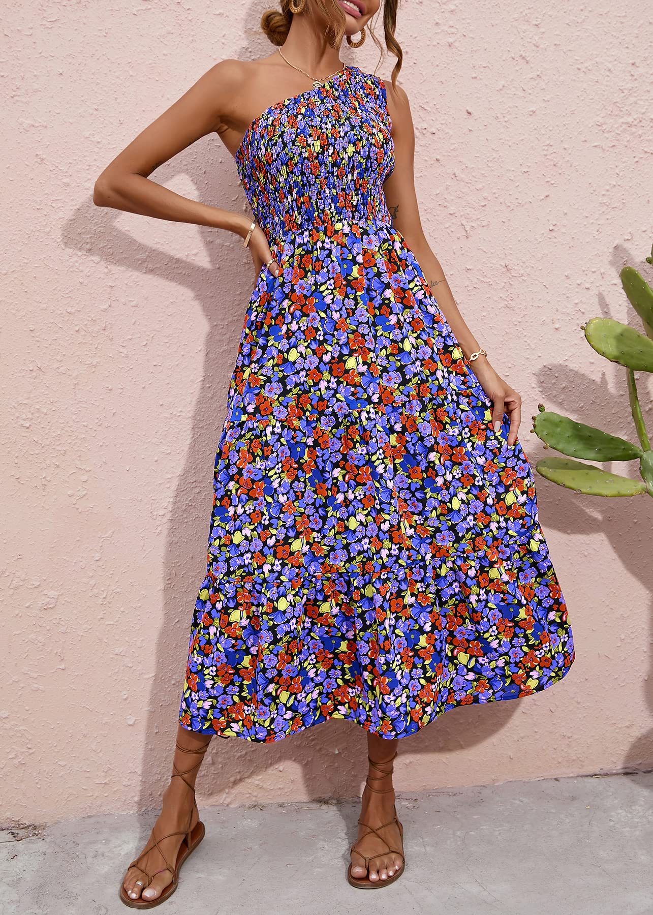 BTFBM 2025 Summer One Shoulder Dresses for Women Casual Sleeveless High Waist Floral Flowy Smocked Boho Beach Maxi Dress