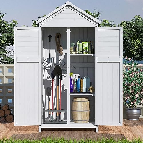 GDFStudio 67" Fir Wood Storage Shed 2 Doors Design Outdoor Tool Storage House Cabinet with Sloped Roof & 4 Interior Compartments for Garden Patio Backyard, White