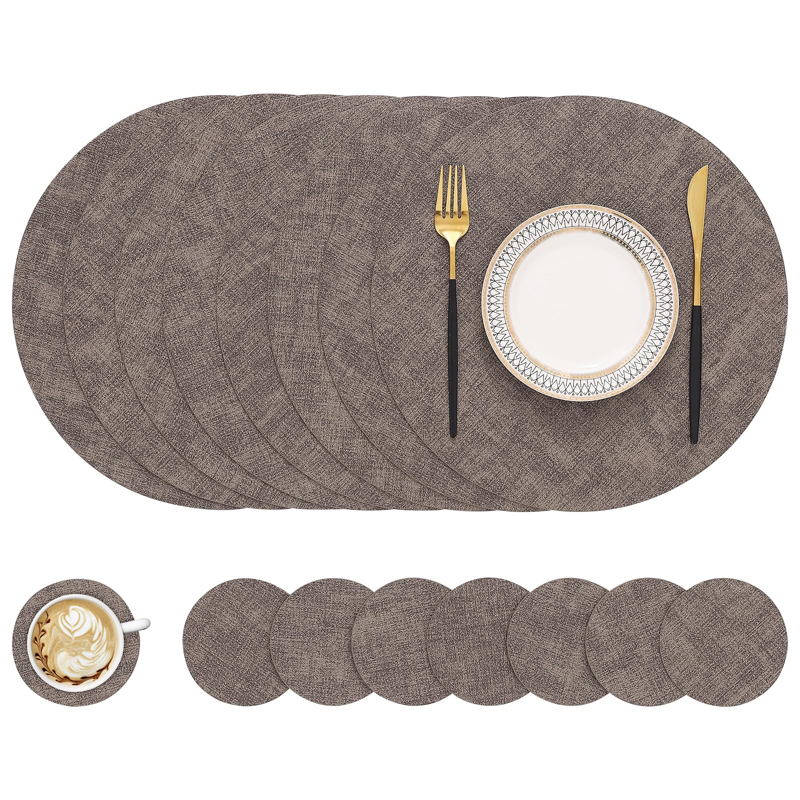 homing Round Faux Leather Placemat and Coaster 8 Packs, Washable Heat Resistant Dining Place Mats, Wipeable Double-Sided Table Mats for Indoor and