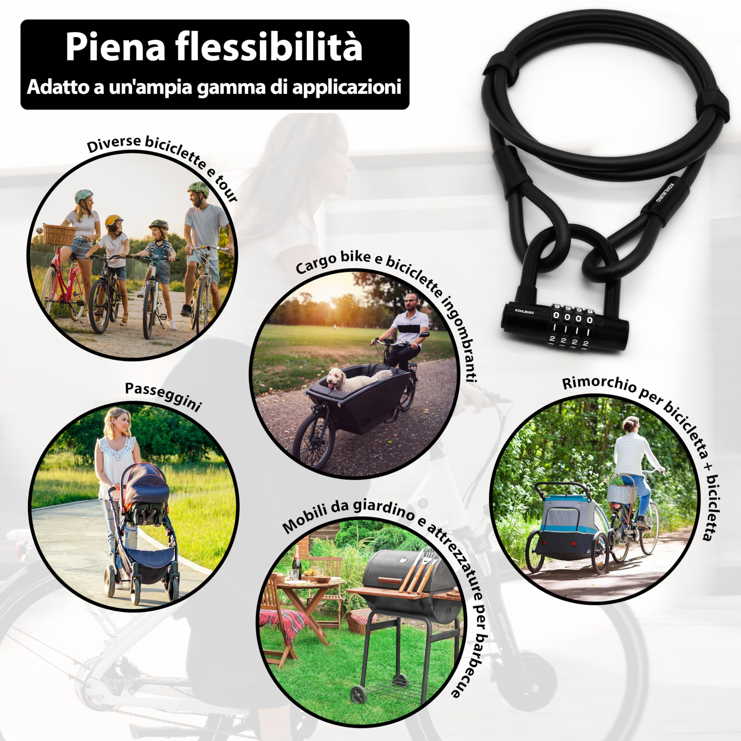 KOHLBURG Antifurto a cavo lungo 2 metri con combinazione numerica – Lucchetto da 200 cm – con chiusure a strappo – Cavo in acciaio con codice per bicicletta, mobili da giardino e antifurto per bici