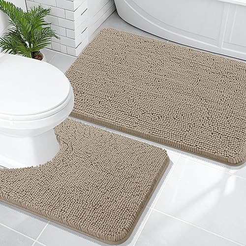 Miniatura 17 de OLANLY Juego de 2 alfombras de baño, tapetes de baño de felpilla suave y absorbente y tapete para inodoro con contorno en forma de U, alfombra de