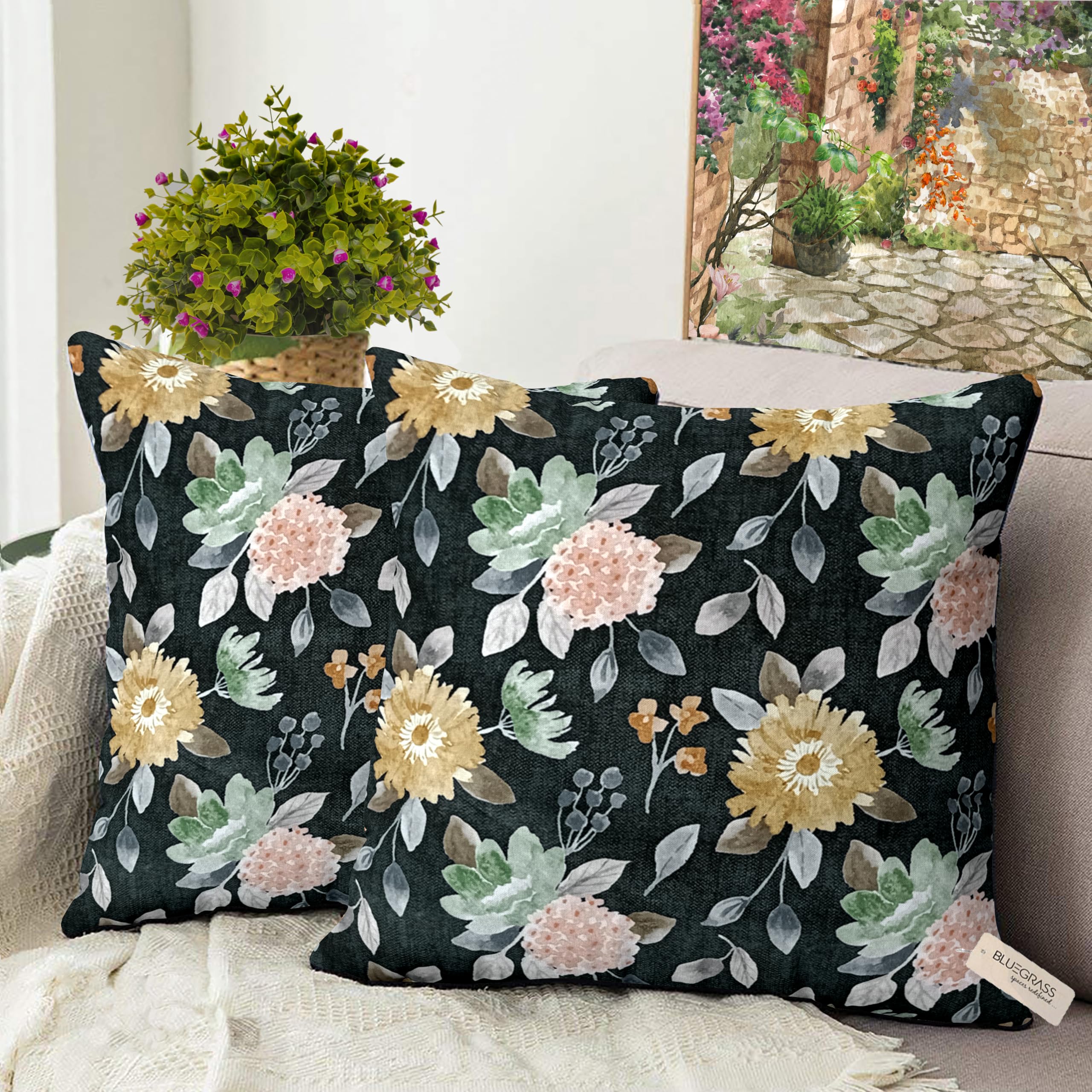 BLUE GRASS HD Digital Floral Print Velvet Cushion Cover - Set of 2 || Design : Wenz 2 || Black || Size : 20x20 Inches.
