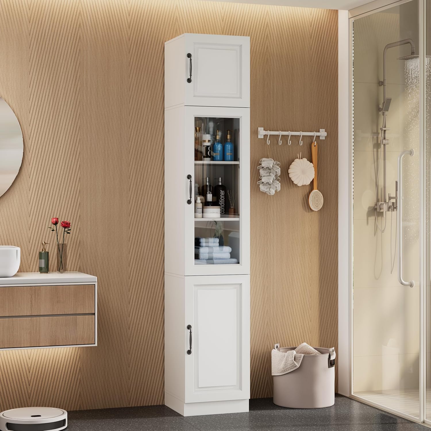 Mekminop 86.6" H Tall Bathroom Cabinet with Glass Door and Shelves, Narrow Storage Cabinet, Freestanding Pantry Cabinets Cupboard for Kitchen, Dining Room, Living Room and Laundry Room, White