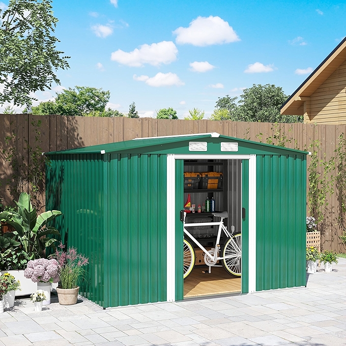 Outsunny 实用型户外园艺储物棚 - 双滑动门、四个通风槽，深绿色