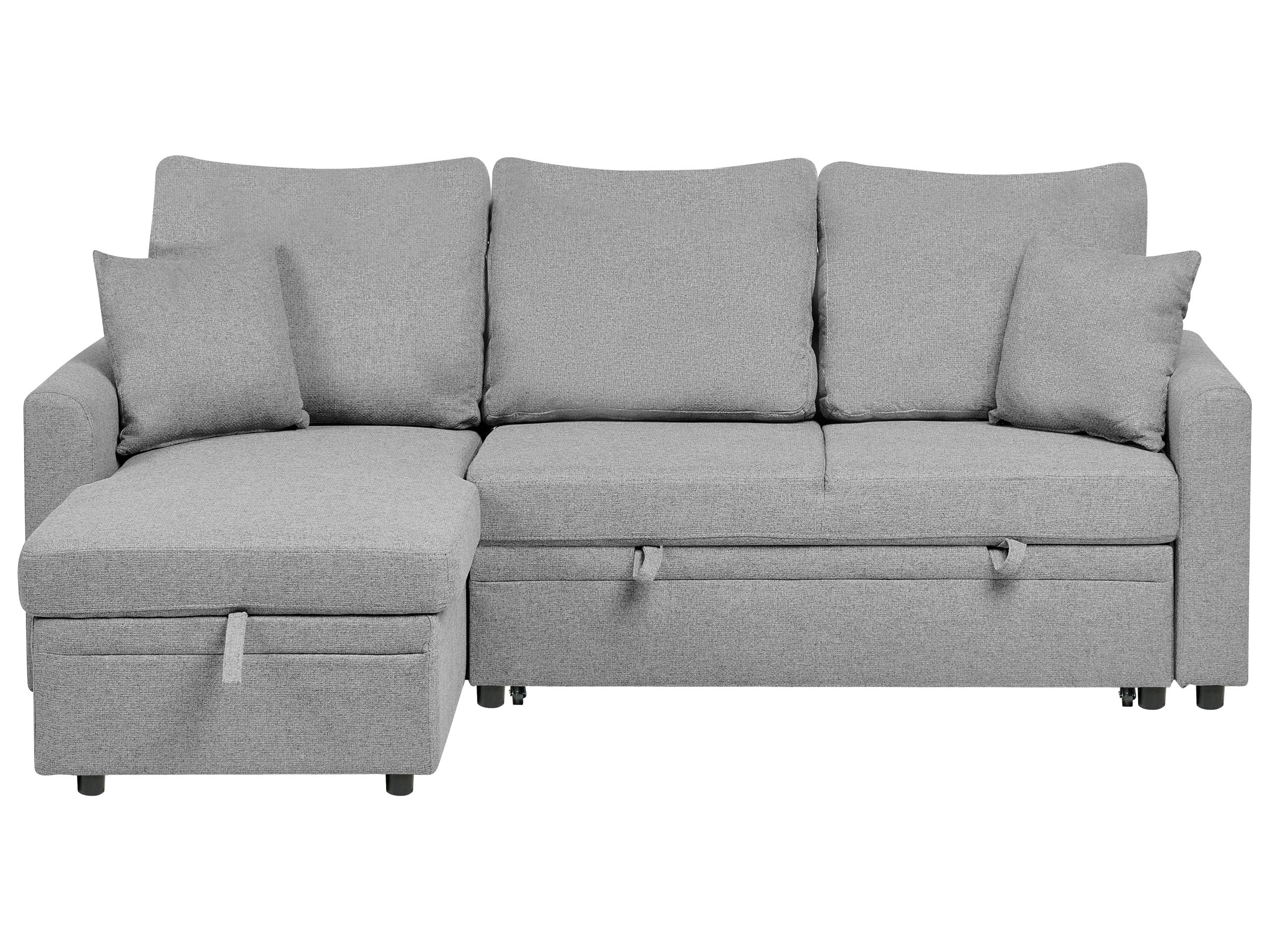 Nowoczesna sofa narażona rozkładana przechowywanie narożnik tapicerowany prawostronny oparcie z dodatkowymi poduszkami szara Nassjo